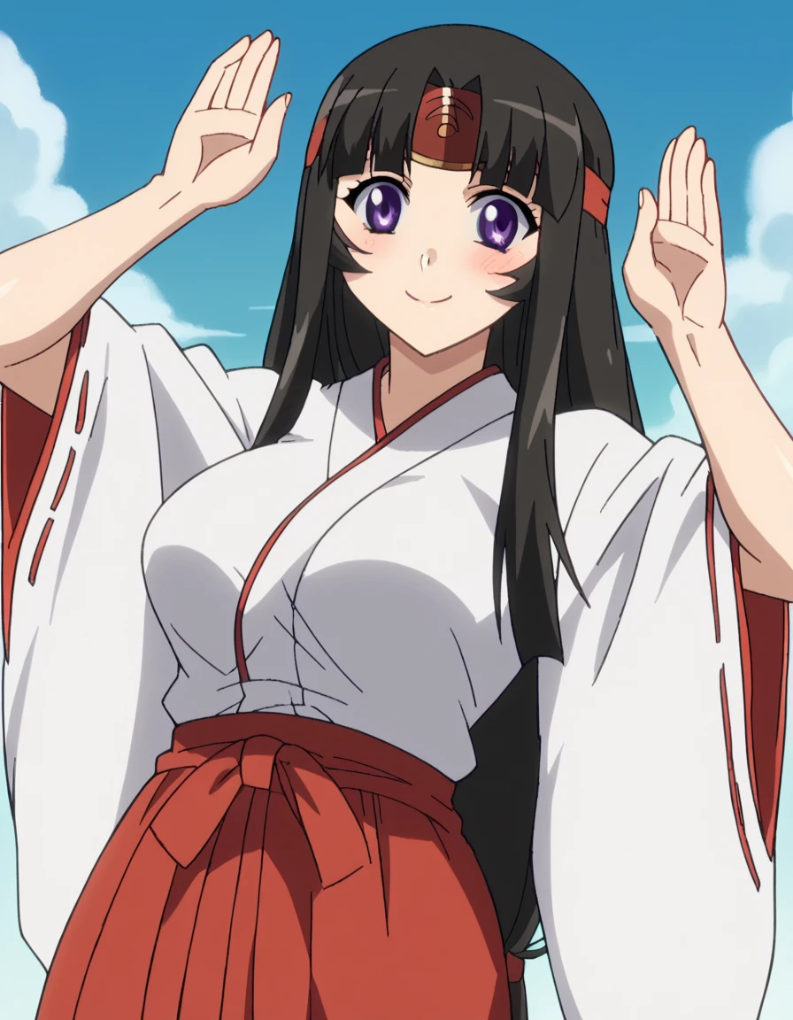 score_9, score_8_up, score_7_up, source_anime, <lora:queens-blade-tomoe-s1-ponyxl-lora-nochekaiser:1>, tomoe, long hair, large breasts, black hair, purple eyes, low-tied long hair, anime screencap, skirt, japanese clothes, headband, ribbon-trimmed sleeves, miko, red hakama, laundry day, clothesline, drying clothes, domestic life, fresh air, blue sky, smile, <lora:rabbit-pose-ponyxl-lora-nochekaiser:1>, rabbit pose, smile, blush,, looking at viewer, solo,, cowboy shot, solo