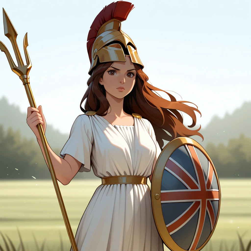 masterpiece, best quality, Britannia, 1girl, solo, brown hair, long hair, brown eyes, white dress, long dress, short sleeves, helmet, upper body, <lora:Goddess_britannia_illustrious_Leaf1:1>, holding trident, holding shield, looking at viewer, outdoors, depth of field,