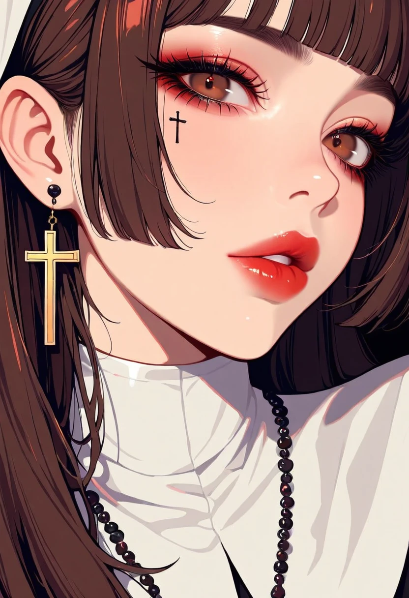 artist_moriimee,very awa,masterpiece,best quality,year 2024,newest,highres,absurdres,1girl, jewelry, cross, red background, solo, earrings, necklace, long hair, brown hair, simple background, parted lips, bangs, nun, lips, cross necklace, cross earrings, upper body, looking at viewer, red lips, thick eyebrows, brown eyes, makeup, blunt bangs, eyelashes, latin cross,
<lora:moriimee style-noob-V1:1>
