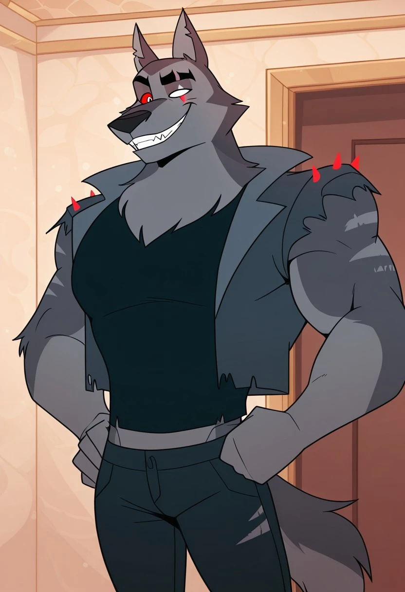 masterpiece, high quality, detailed, male, solo male, VortexHB, 1boy, mature male, anthro, wolf, hellhound, dark gray fur, light underbelly, white eyes, red sclera, colored sclera, scar on left eye, animal ears, broad shoulders, athletic build, thick eyebrows, standing, half body, indoors, looking at viewer, smiling, gray vest, black shirt, pecs, abs, black pants