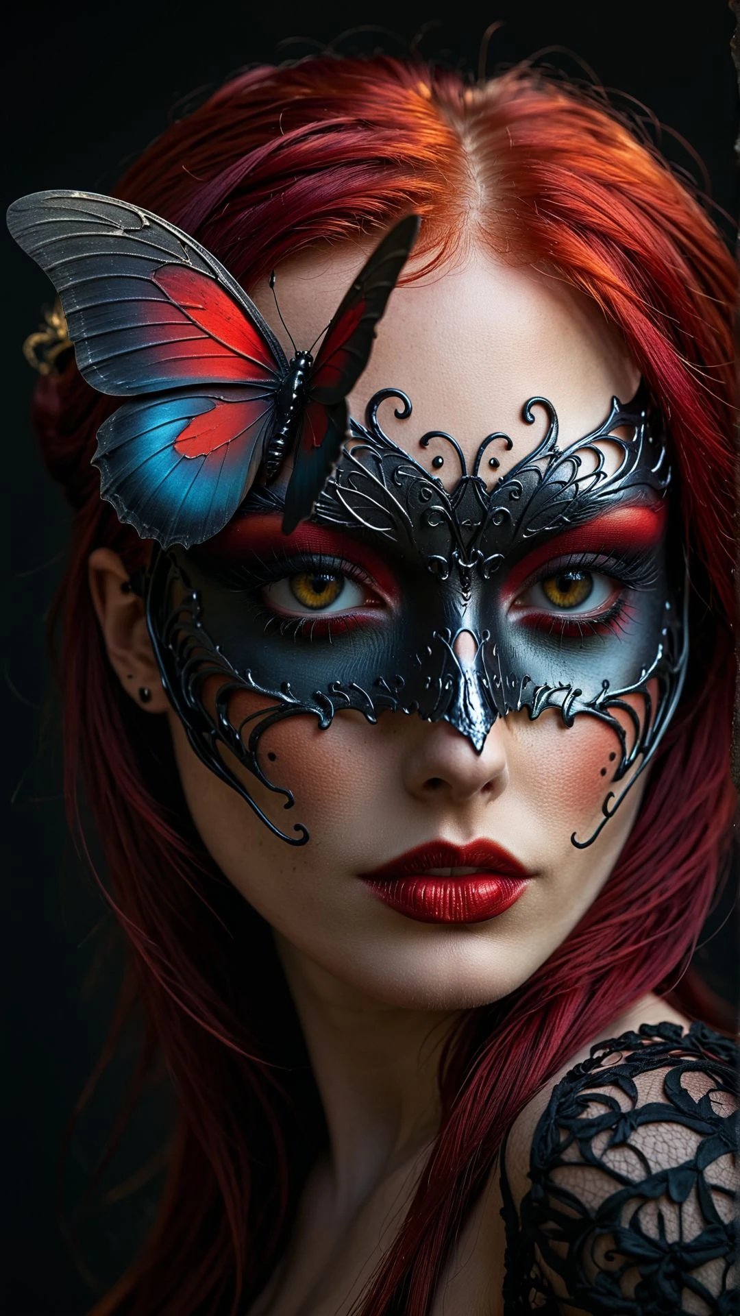 "A mysterious woman with a half-butterfly mask covering one side of her face, her piercing red hair contrasting with the deep shadows of a dark fantasy realm."
, aidmamj6.1, <lora:aidmaMJ6.1_v0.5_2:0.85>