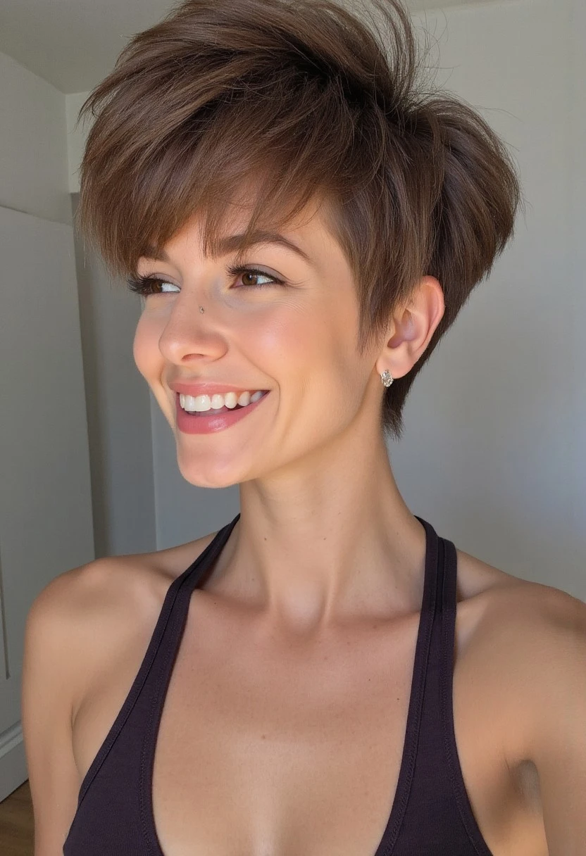 a tall Russian woman with an athletic body. she has a pixie haircut with a lot of hair volume. amazing hair texture. gorgeous perfect smile, tiny waist. shiny perfect texture