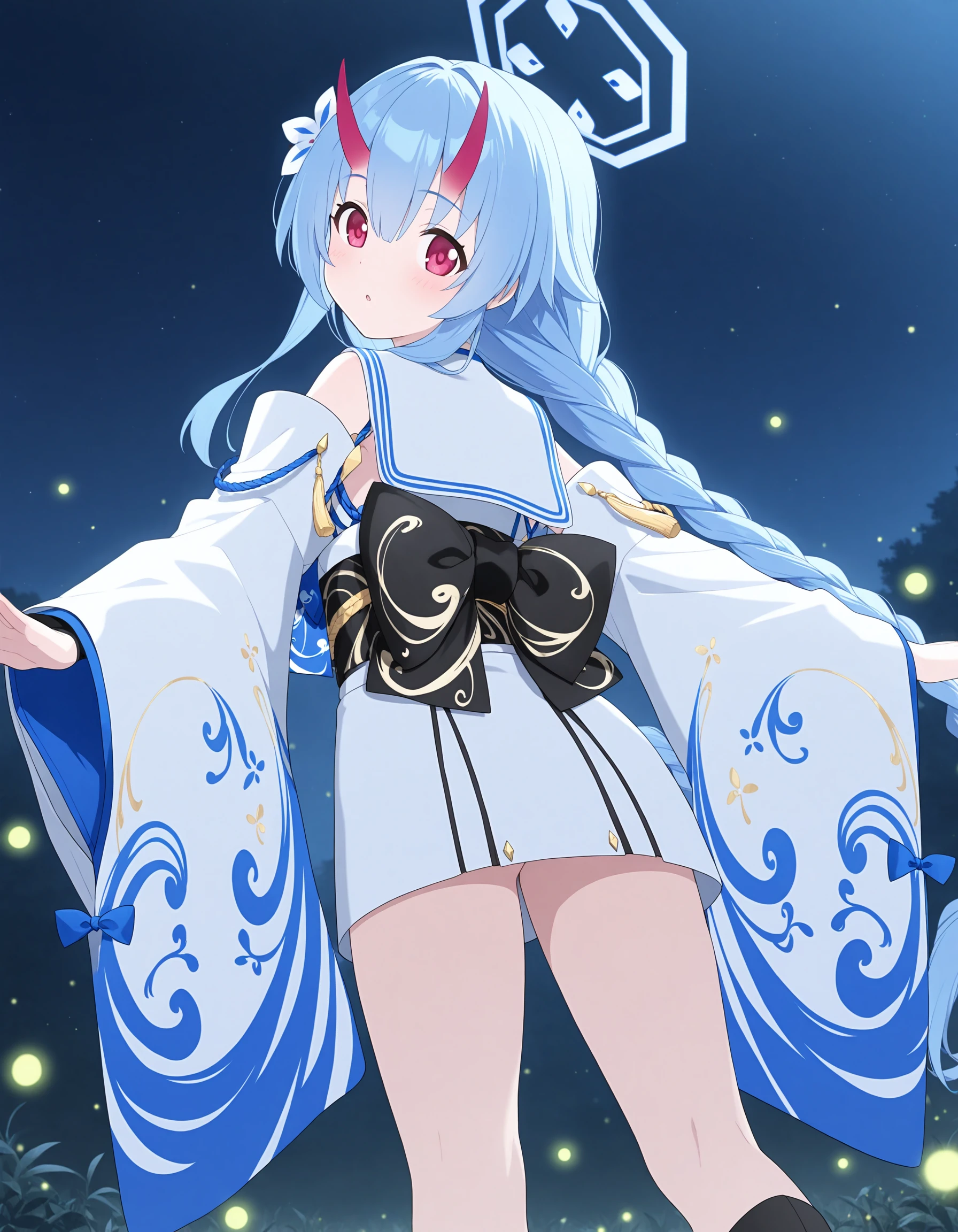 absurdres,highres,masterpiece,best quality,amazing quality,official anime artwork,outdoors,
night,standing,dynamic pose,fireflies,
from behind,upper body,looking back,spread arms,
BREAK <lora:Chise_BA_illuV01_b3g2c08:1:1:lbw=1,1,1,1,1,1,1,1,1,1,0,0>,Chise_BA,
blue hair,very long hair,twin braids,very long braids,sidelocks,hair between eyes,hair flower,white flower,red eyes,
red gradient oni horns,blue octagon halo,blue bowtie,print bowtie,
white sailor collar,blue trim on collar,blue lapels,japanese clothes,white kimono,detached sleeves,black bridal gauntlets,
white long sleeves,wide sleeves,layered sleeves,print sleeves,floral print,blue ribbon,
black obi,
black back bow,
white pleated skirt,yellow tassel,
black socks,white tabi,ribbon-trimmed tabi,okobo,