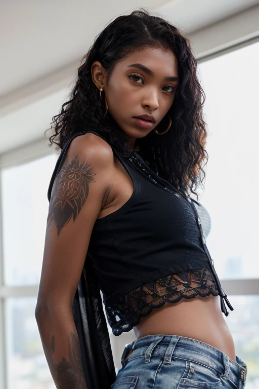 breathtaking fringe vest with a graphic tank top and denim shorts a breathtaking fashion photo of a classy woman, <lora:BarbieRous:1>, 1girl, solo, dark skin, dark-skinned female, long black hair, curly hair, realistic, very dark skin, shot on ALEXA 65, simple background, white background, upper body, posing, style of Tyler Shields:1, official balmain editorial:1, (masterpiece)) 8K, enhanced contrast,, detailed skin texture, (blush:0.5), (goosebumps:0.5), subsurface scattering, masterpiece, award-winning, professional, highly detailed, RAW candid cinema, 16mm, color graded portra 400 film, remarkable color, ultra realistic, textured skin, remarkable detailed pupils, realistic dull skin noise, visible skin detail, skin fuzz, dry skin, shot with cinematic camera . High dynamic range, vivid, rich details, clear shadows and highlights, realistic, intense, enhanced contrast, highly detailed, masterpiece, award-winning, professional, highly detailed