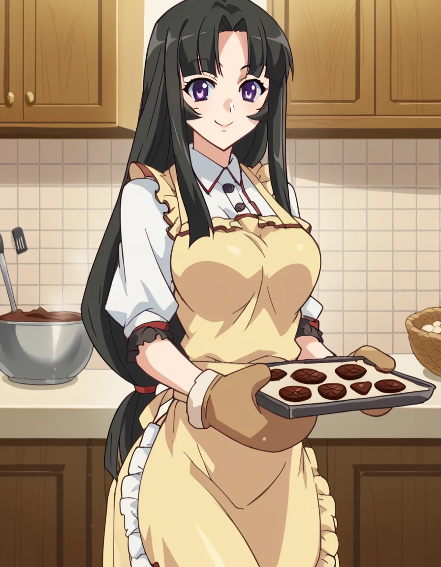 score_9, score_8_up, score_7_up, source_anime, <lora:queens-blade-tomoe-s1-ponyxl-lora-nochekaiser:1>, tomoe, long hair, large breasts, black hair, purple eyes, low-tied long hair, anime screencap, <lora:baking-cookies-ponyxl-lora-nochekaiser:1>, baking cookies, looking at viewer, blush, smile, gloves, holding, frills, food, indoors, apron, chocolate, cookie, oven mitts,, , cowboy shot, solo