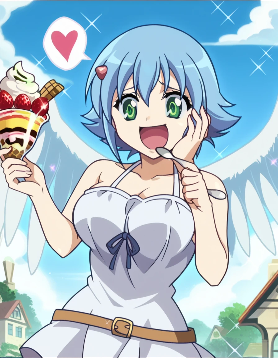 score_9, score_8_up, score_7_up, source_anime, <lora:queens-blade-nanael-s1-ponyxl-lora-nochekaiser:1>, nanael, short hair, large breasts, green eyes, blue hair, wings, feathered wings, angel wings, angel, asymmetrical wings, anime screencap, <lora:parfait-ponyxl-lora-nochekaiser:1>, parfait, open mouth, heart, food, sparkle, fruit, happy, hand on own face, spoken heart, ice cream, strawberry, spoon, hand on own cheek, cherry, holding spoon,, , cowboy shot, solo