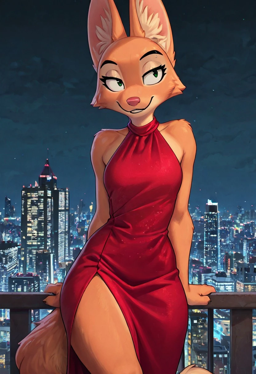 Masterpiece, the best quality, amazing quality, very aesthetic, absurdres, newest, diane_foxington_illust, 1girl, solo, furry, furry female, anthro, red dress, city, night time