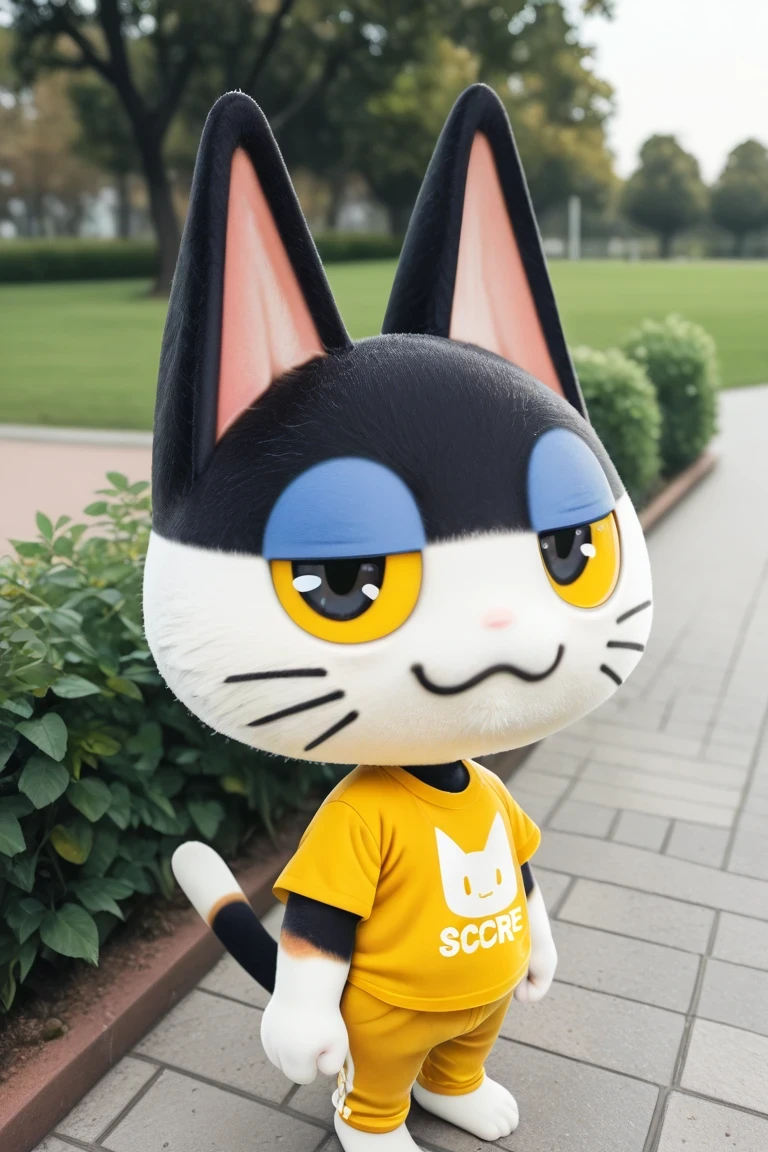 masterpiece, best quality, amazing quality, very aesthetic, high resolution, ultra-detailed, absurdres, newest BREAK 1boy, solo, punchy_ac, anthro, furry male, black fur, white fur, two-tone fur, ((blue eyelids)), black eyes, colored sclera, yellow sclera, cat tail, whiskers, yellow shirt, yellow pants, standing, looking at viewer, :3, half-closed eyes, outdoors, park