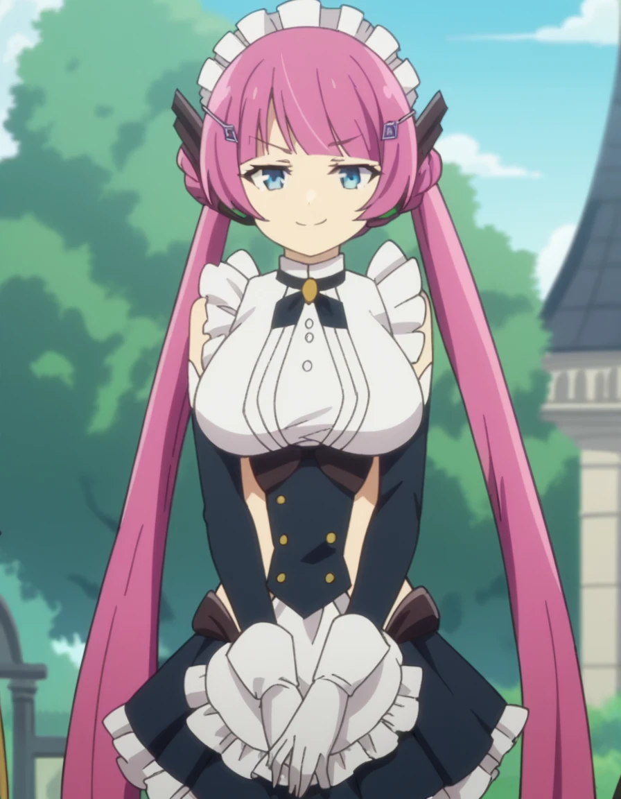 score_9, score_8_up, score_7_up, source_anime, <lora:maou-rose-s2-ponyxl-lora-nochekaiser:1>, rose, long hair, bangs, blue eyes, hair ornament, twintails, very long hair, pink hair, large breasts, anime screencap, gloves, frills, detached sleeves, white gloves, apron, maid, maid headdress, maid apron, tower, tall, height, view, structure, smile, smug, hand on own hip,, looking at viewer, solo,, cowboy shot, solo
