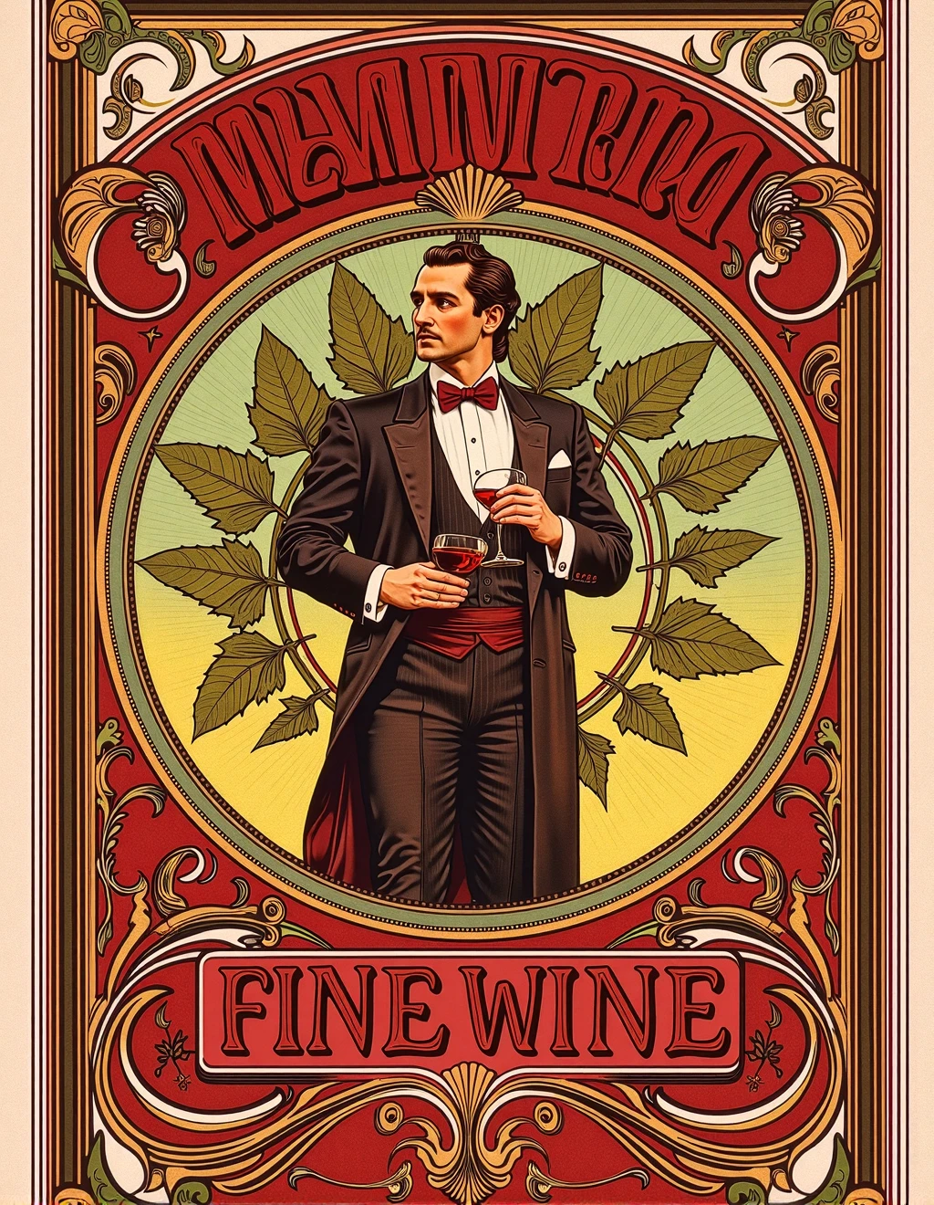 <lora:AlphonseMuchaStyle:1> Alphonse Mucha Style, An elegant advertisement for a fine wine, showcasing a gentleman holding a glass amidst a backdrop of swirling grapevines and ornate patterns. The rich colors and intricate details highlight the sophistication and quality of the beverage in a Mucha-inspired design. The composition includes decorative typography and harmonious colors, enhancing the luxurious appeal of the advertisement.
