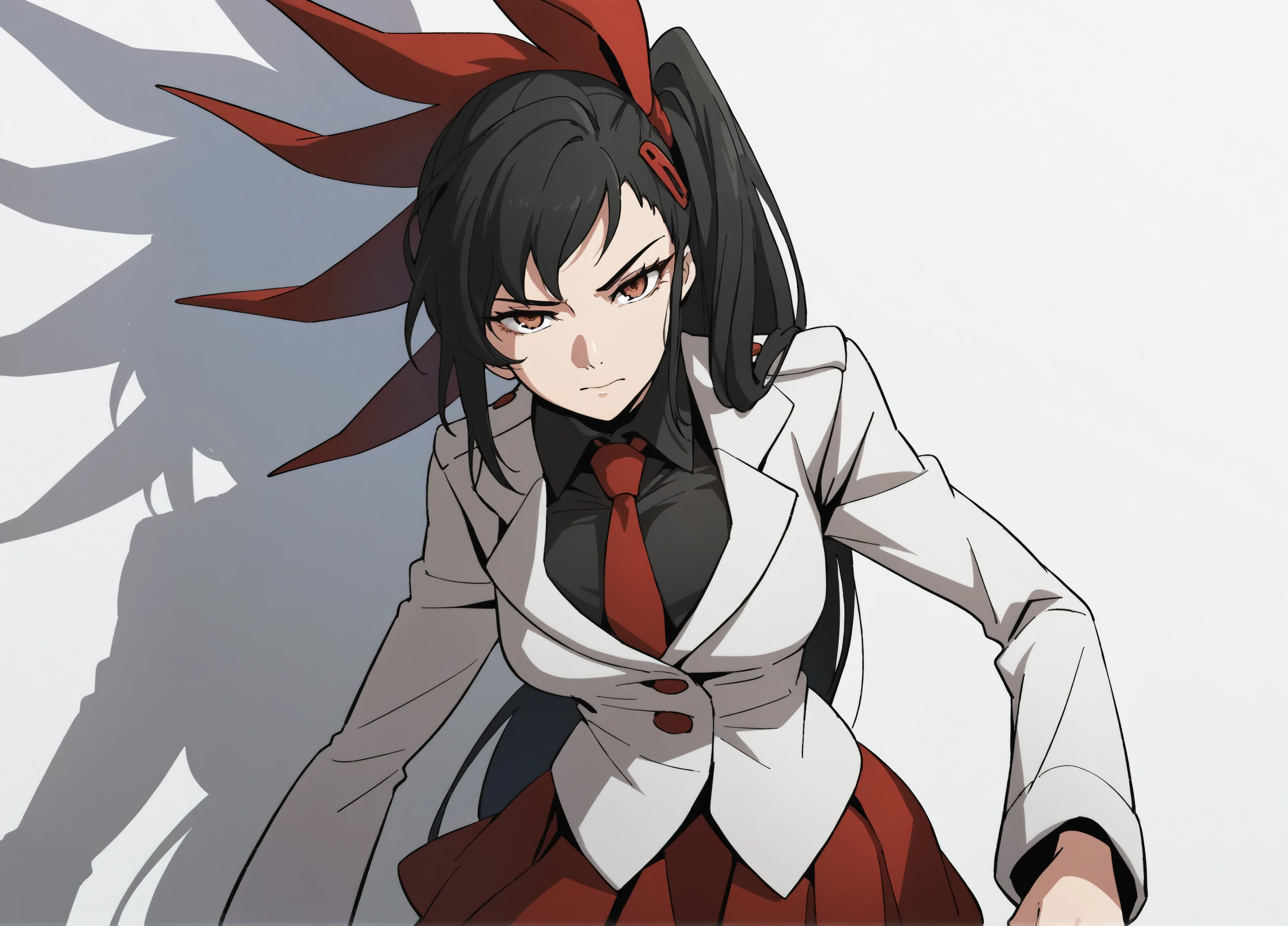 highres, hi res, best quality, masterpiece, 2d, intricate details, 4k, anime coloring, uncensored, (shaded, shadow, countershading:1.3),
1girl, solo, female, eyelashes, nose, long hair, brown eyes, black hair, hair ornament, ribbon, hair ribbon, ponytail, side ponytail, ha yuri zahard, tower of god,
skirt, shirt, black shirt, long sleeves, jacket, white jacket, pleated skirt, necktie,
cowboy shot, standing, looking at viewer,
depth of field, white background, simple background, <lora:Ha_Yuri_Zahard_ILXL:1>