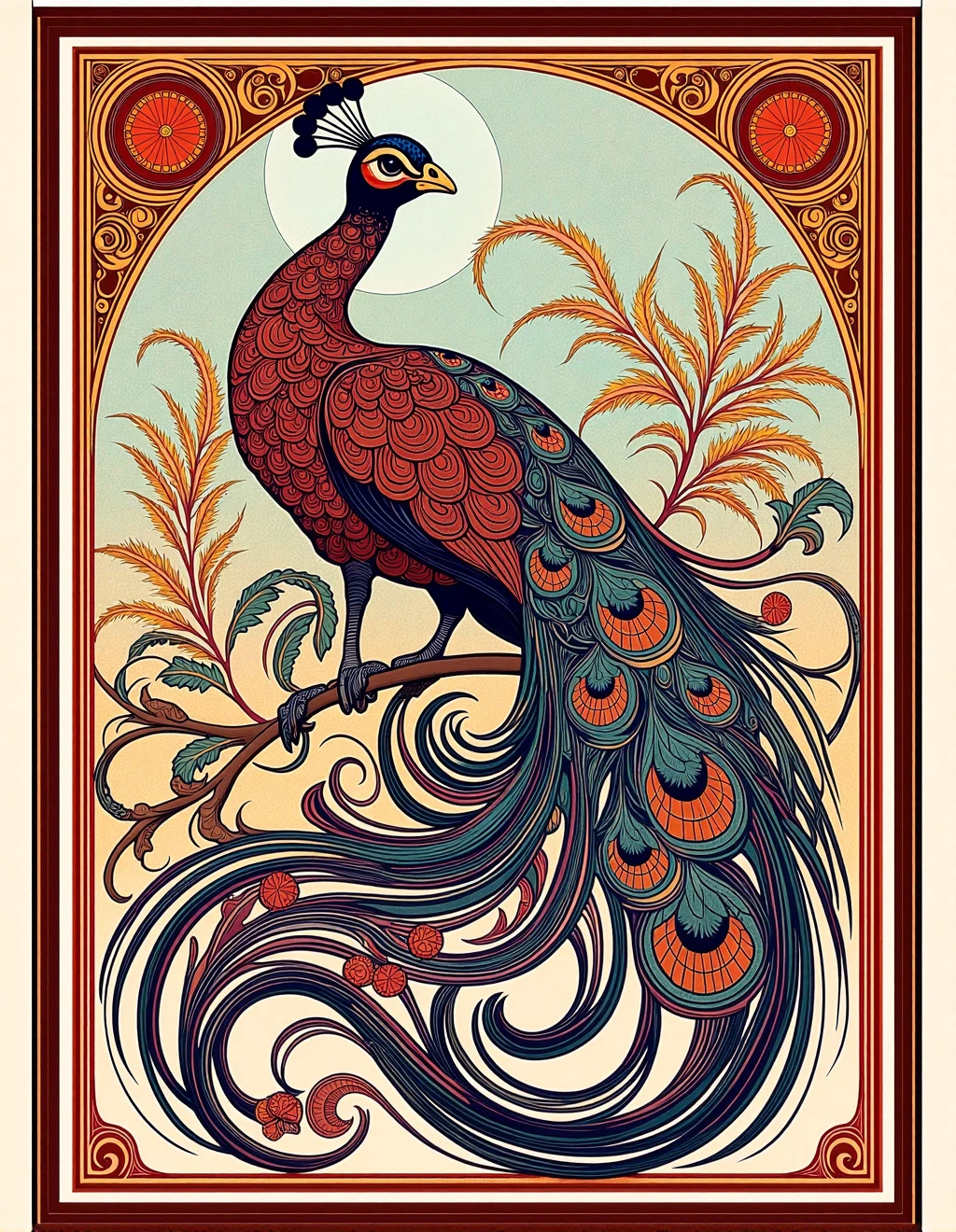 <lora:AlphonseMuchaStyle:1> Alphonse Mucha Style, A majestic peacock standing proudly, its elaborate tail feathers fanned out and rendered with intricate, flowing lines. The composition is enriched with decorative floral elements and ornate borders, capturing the beauty and grace of the bird in an Art Nouveau style. The use of vibrant colors and detailed patterns adds to the visual appeal of the piece.