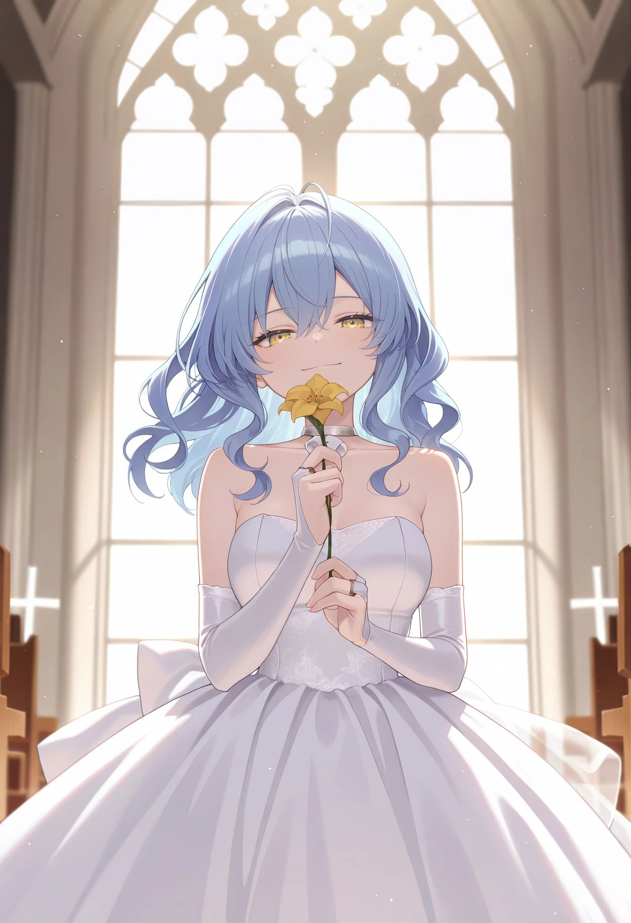 masterpiece, best quality, high resolution, absurdres,
<lora:Millicent Bluenight illu:1> 1girl, mildef, blue hair, yellow eyes, long hair, hair between eyes, looking at viewer, tdress, bridal gauntlets, strapless dress, wedding dress, white dress, simple background, indoor, church, holding flower, smile
