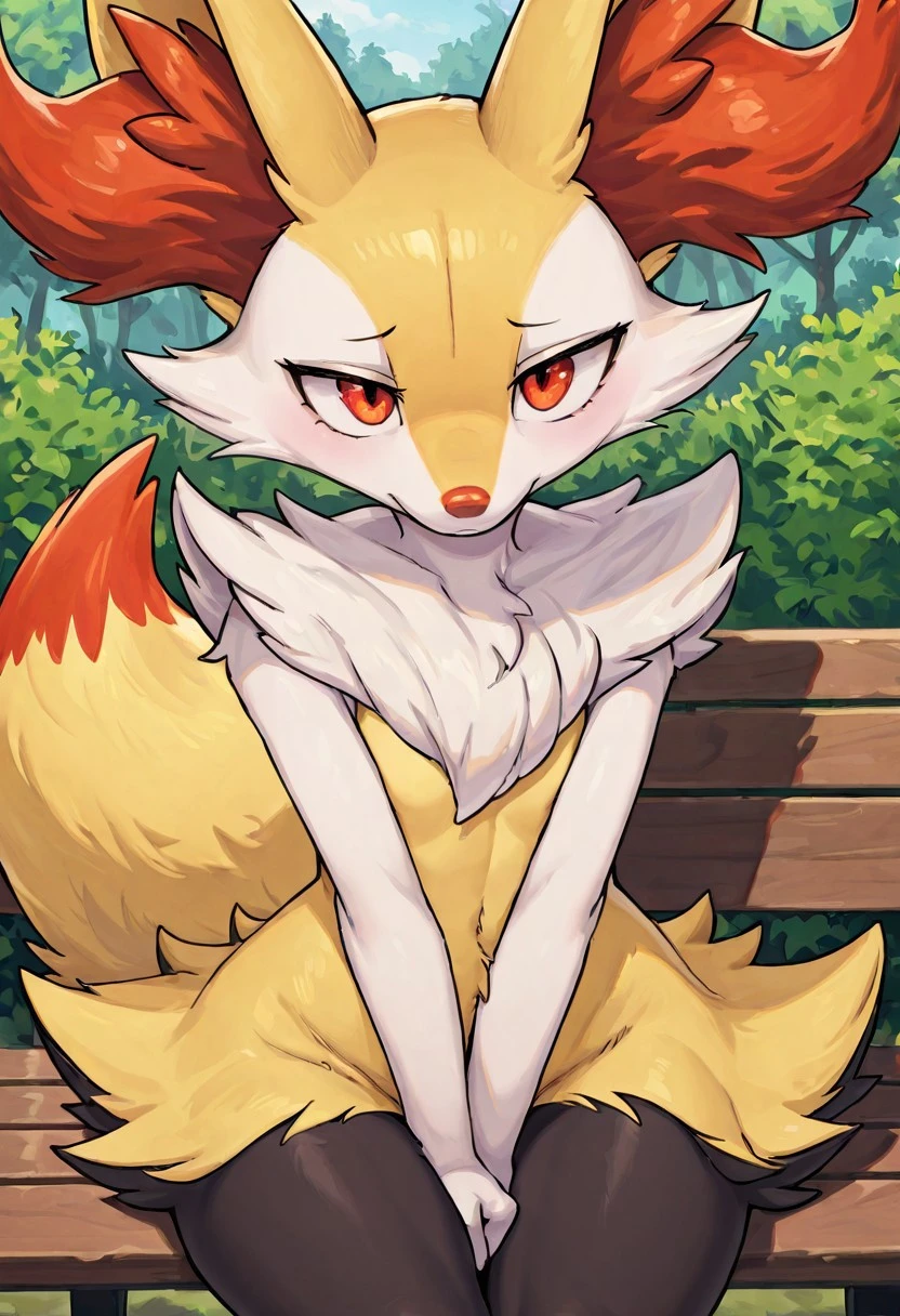masterpiece,best quality,amazing quality,very aesthetic,high resolution,ultra-detailed, absurdres, newest, detailed fur, braixen_illust, anthro, furry, furry female, solo, sitting on bench, park