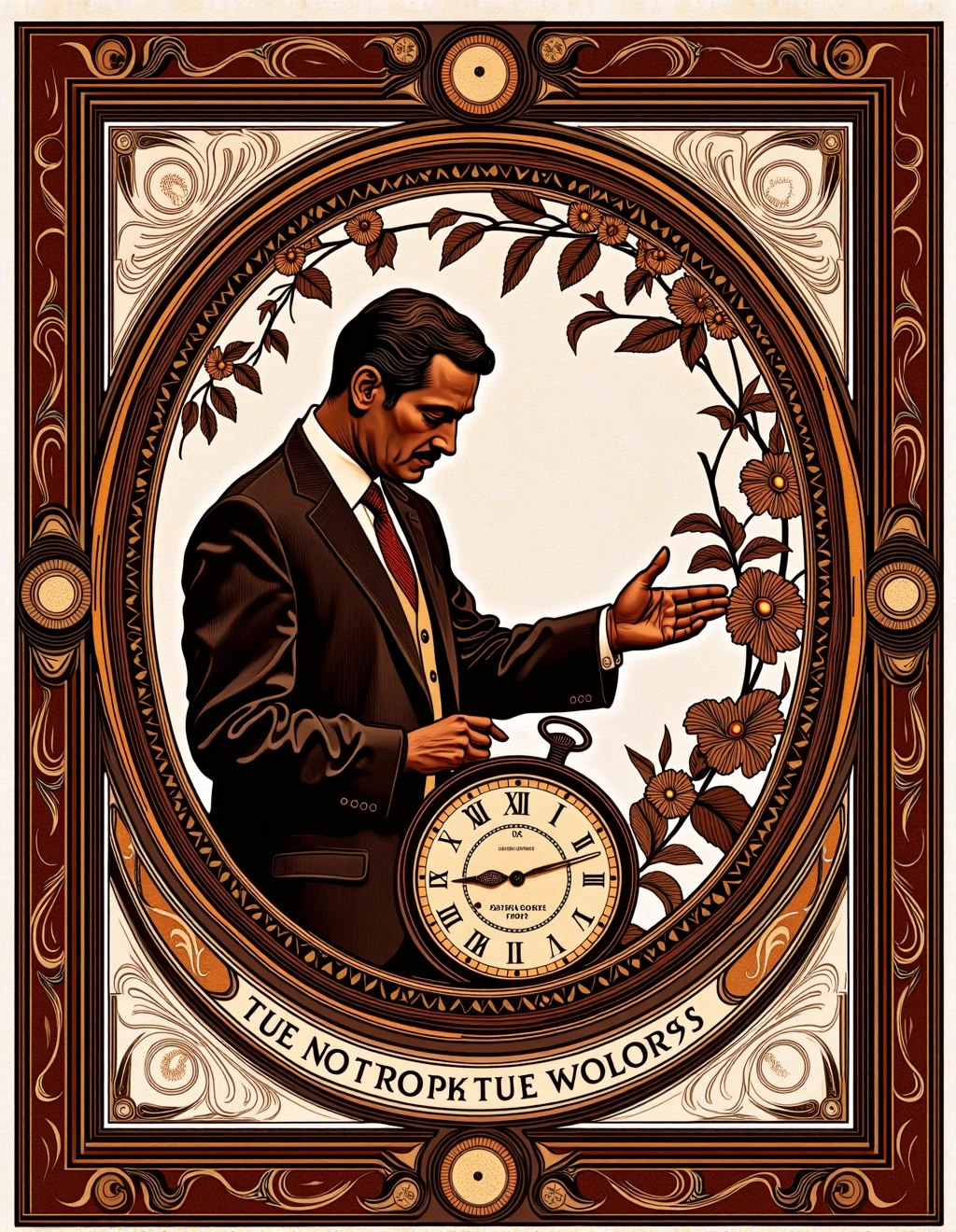 <lora:AlphonseMuchaStyle:1> Alphonse Mucha Style, An advertisement for a high-end wristwatch, showcasing a distinguished man checking the time amidst a backdrop of ornate, swirling designs and floral elements. The watch face is highlighted with meticulous detail, reflecting precision and elegance characteristic of Mucha's work. The composition includes elegant typography and decorative borders, enhancing the luxurious appeal of the advertisement.