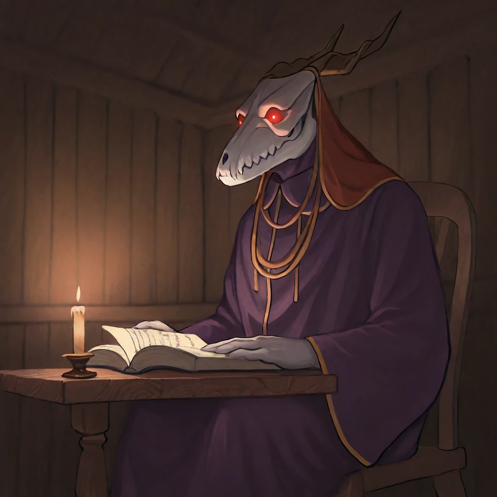3tn3ss, very awa, masterpiece, best quality, absurdres, newest, perfect quality, detailed background, intricate details, traditional wooden home, cabin in woods, intimate lighting, intimate moment, male, solo
elias ainsworth, glowing eyes, wearing robe, his robe is open at the front, sitting on a chair, reading a magic book, candlelight on nearby table