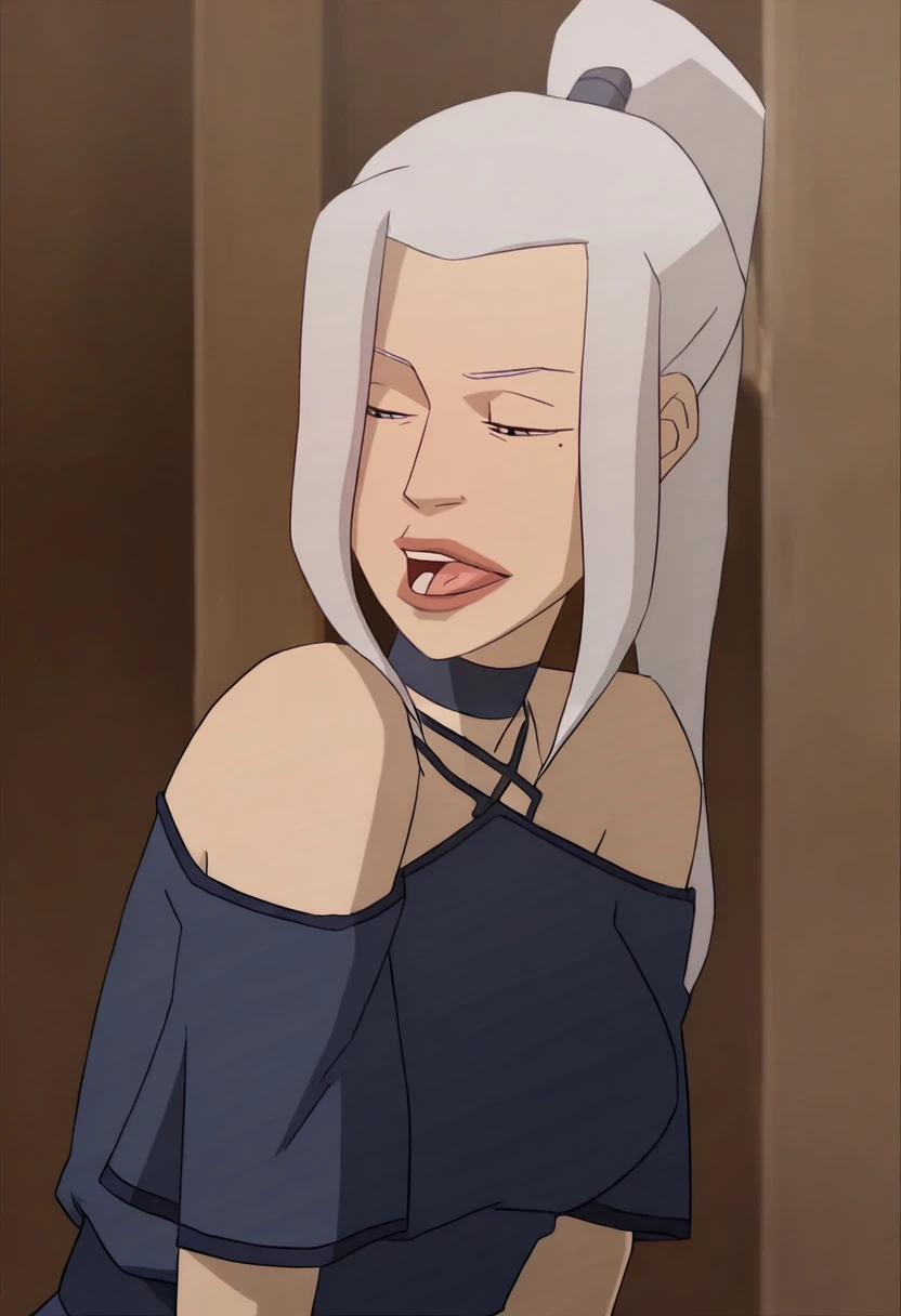 In the Avatar Animation style, 1girl, Kya, solo, long hair, breasts, shirt, bare shoulders, closed mouth, lips, ponytail, white hair, short sleeves, grey hair, sidelocks, teeth, choker, tongue, indoors, mole, mole under eye, half-closed eyes, blue shirt, blue skirt, lace sandal,
<lora:Avatar-Anime-Style2:1>,