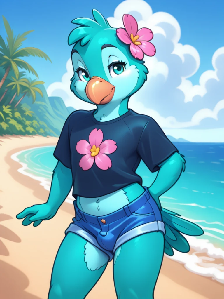 Solo female, toucan, avian, bird, chubby, black feathers, blue bikini bottom, topless, wearing lei, beach, Hawaiian, tropical, palm trees in background