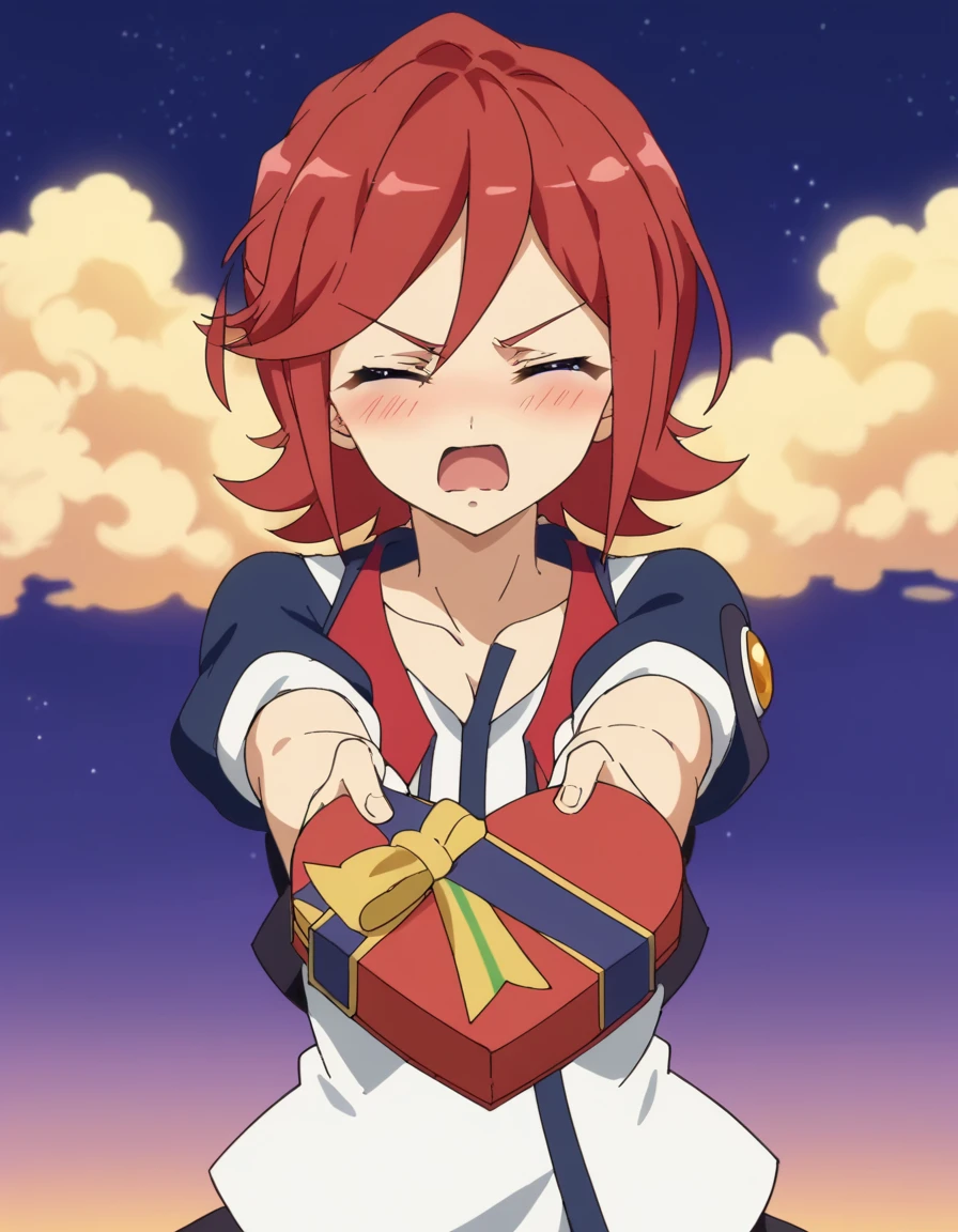 score_9, score_8_up, score_7_up, source_anime, <lora:kaname-buccaneer-s1-ponyxl-lora-nochekaiser:1>, kaname buccaneer, short hair, blue eyes, purple eyes, red hair, medium breasts, anime screencap, <lora:heart-shaped-box-ponyxl-lora-nochekaiser:1>, heart-shaped box, holding, box, gift, valentine, incoming gift, closed eyes, blush, open mouth, outstretched arms, outdoors, night sky, clouds, shouting,, , cowboy shot, solo