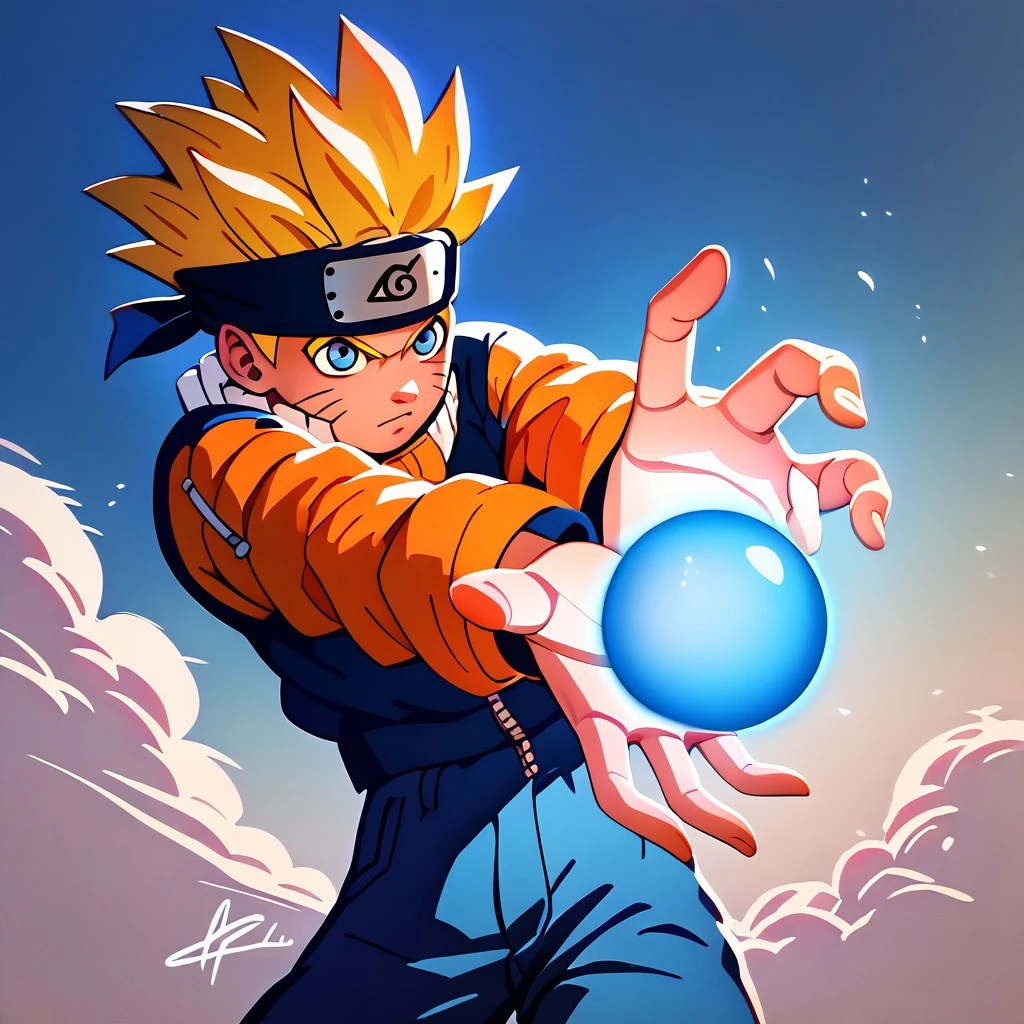 score_9, score_8_up, score_7_up
, masterpiece, beautiful,1 male, upper view, blonde,Kamehameha-Trow,outstrecthed arms, claw gesture, elenamics, black hair, brown eyes,gren shirt, jeans, pov, uzumaki naruto, 1boy, blonde hair, spiked hair, blue eyes, whisker markings, facial mark, forehead protector, orange jumpsuit, blue sky,holding a glowing orb,