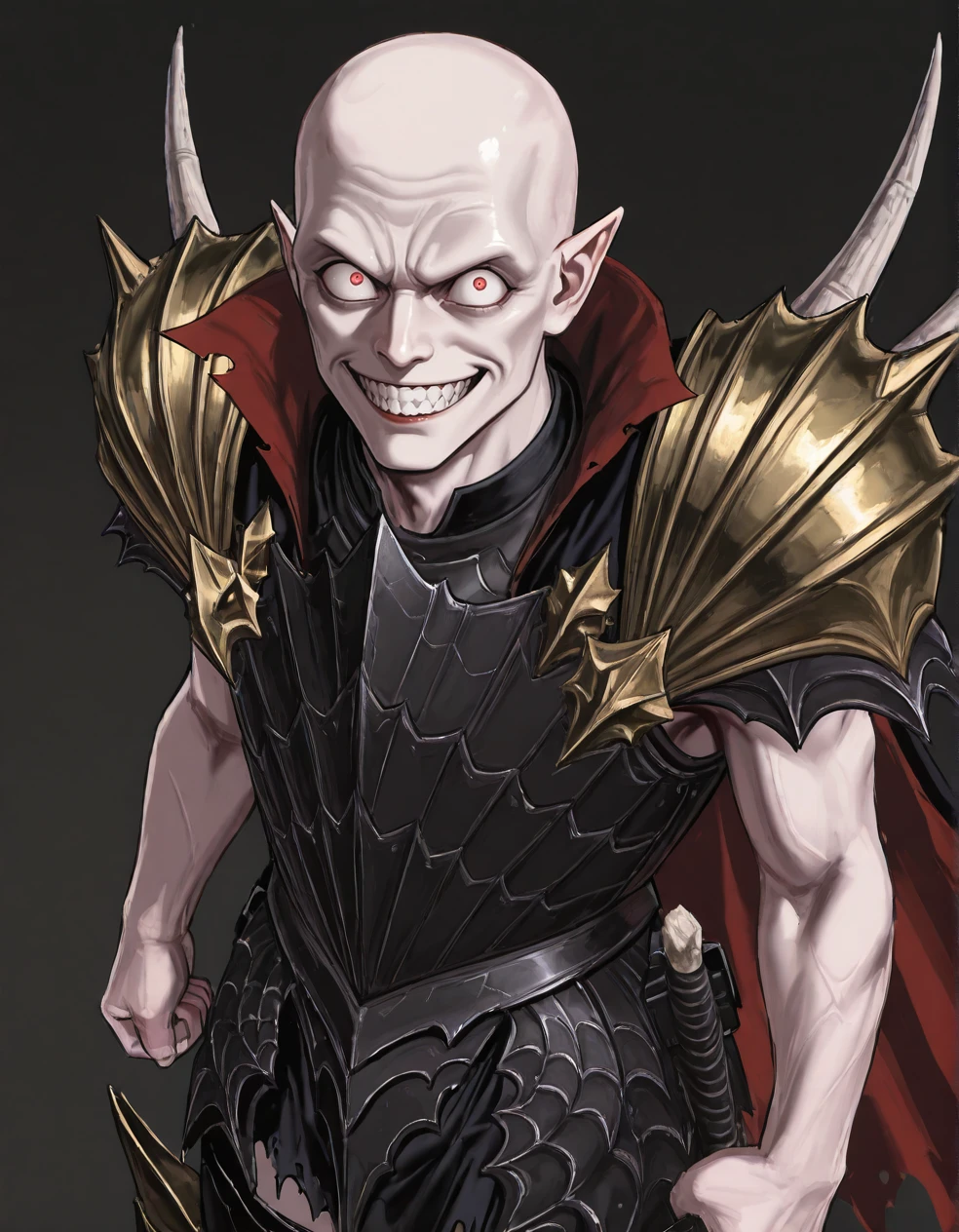(2D,masterpiece,best quality,amazing quality,very aesthetic,high resolution,looking at viewer,ultra-detailed,1 boy,solo,source_anime,cute,lovely,Simple black background),Mannfred von Carstein,vampire,armor,shoulder armor,cape,greaves,bald,pale skin,red eyes,short_pointy_ears,jokerized, smile, grin, teeth, constricted pupils, crazy eyes, red lips,spike,<lora:Mannfred_von_Carstein:1>