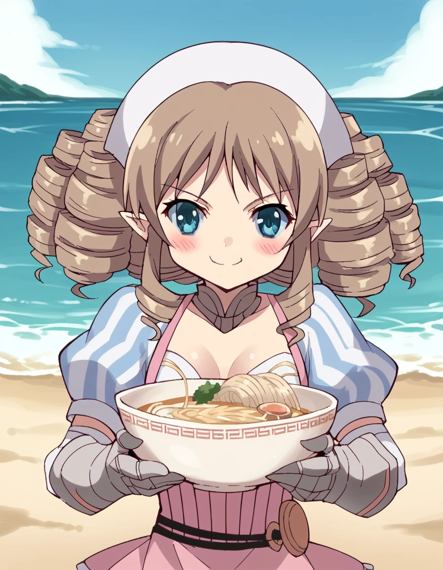 score_9, score_8_up, score_7_up, source_anime, <lora:queens-blade-ymir-s1-ponyxl-lora-nochekaiser:1>, ymir, blue eyes, brown hair, hairband, pointy ears, drill hair,, thighhighs, gloves, dress, frills, elbow gloves, armor, gauntlets, armored dress,, beach, sand, waves, sun, ocean, smile, <lora:ai-drawing-anime-characters-eating-ramen-ponyxl-lora-nochekaiser:1> ai drawing anime characters eating ramen, ai drawing anime characters eating ramen (meme), ramen, noodles, meme, bowl, eating, restaurant, blush, cowboy shot,, looking at viewer, solo,, cowboy shot, solo