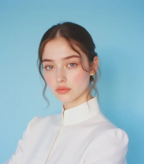 p4st3l photo, a woman posing in a white dress with high neckline, in front of plain blue background, film pastel photo