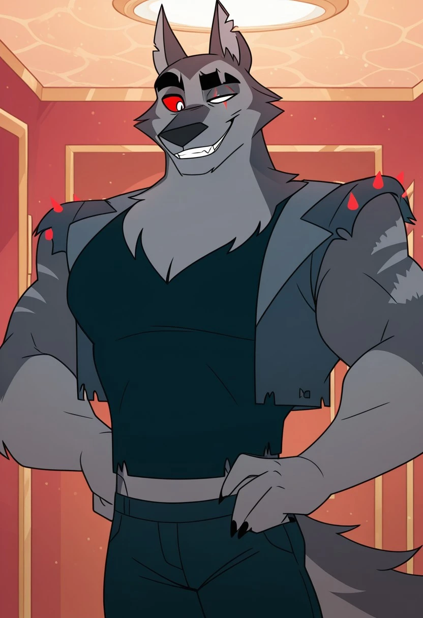 masterpiece, high quality, detailed, male, solo male, VortexHB, 1boy, mature male, anthro, wolf, hellhound, dark gray fur, light underbelly, white eyes, red sclera, colored sclera, scar on left eye, animal ears, broad shoulders, athletic build, thick eyebrows, standing, half body, indoors, looking at viewer, smiling, gray vest, black shirt, pecs, abs, black pants