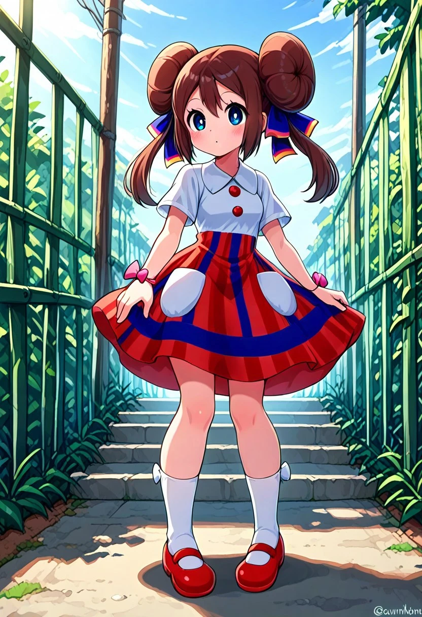 masterpiece, best quality, amazing quality, 1girl, solo, standing, sunny, sky,,rosalnb, brown_hair, blue_eyes, hair_ribbon, double_bun, twintails, dress, collared_shirt, white_shirt, red_skirt, multicolored_clothes, short_sleeves, red_buttons, white_pockets, pink_bracelet, ribbon_bracelet, knees, white_socks, red_footwear, mary_janes, meadows