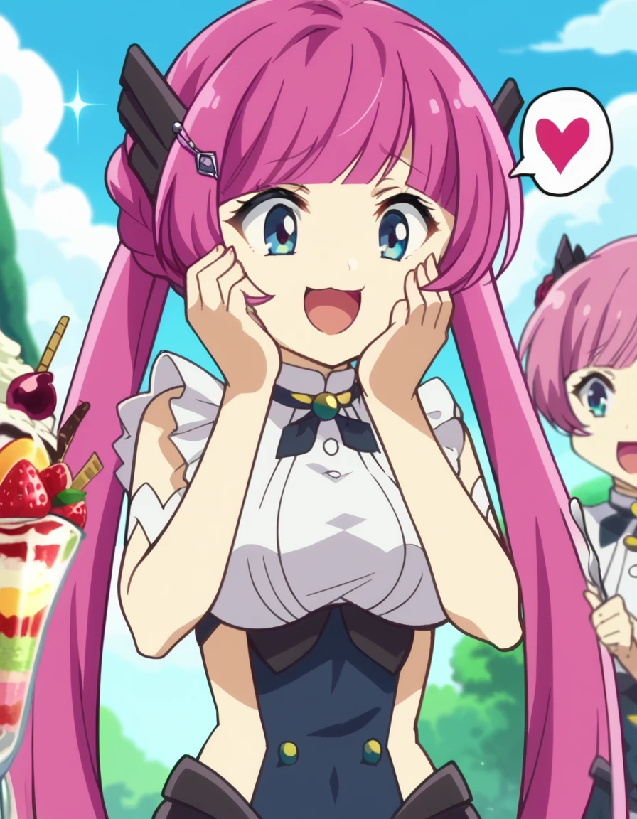 score_9, score_8_up, score_7_up, source_anime, <lora:maou-rose-s2-ponyxl-lora-nochekaiser:1>, rose, long hair, bangs, blue eyes, hair ornament, twintails, very long hair, pink hair, large breasts, anime screencap, <lora:parfait-ponyxl-lora-nochekaiser:1>, parfait, open mouth, heart, food, sparkle, fruit, happy, hand on own face, spoken heart, ice cream, strawberry, spoon, hand on own cheek, cherry, holding spoon,, , cowboy shot, solo