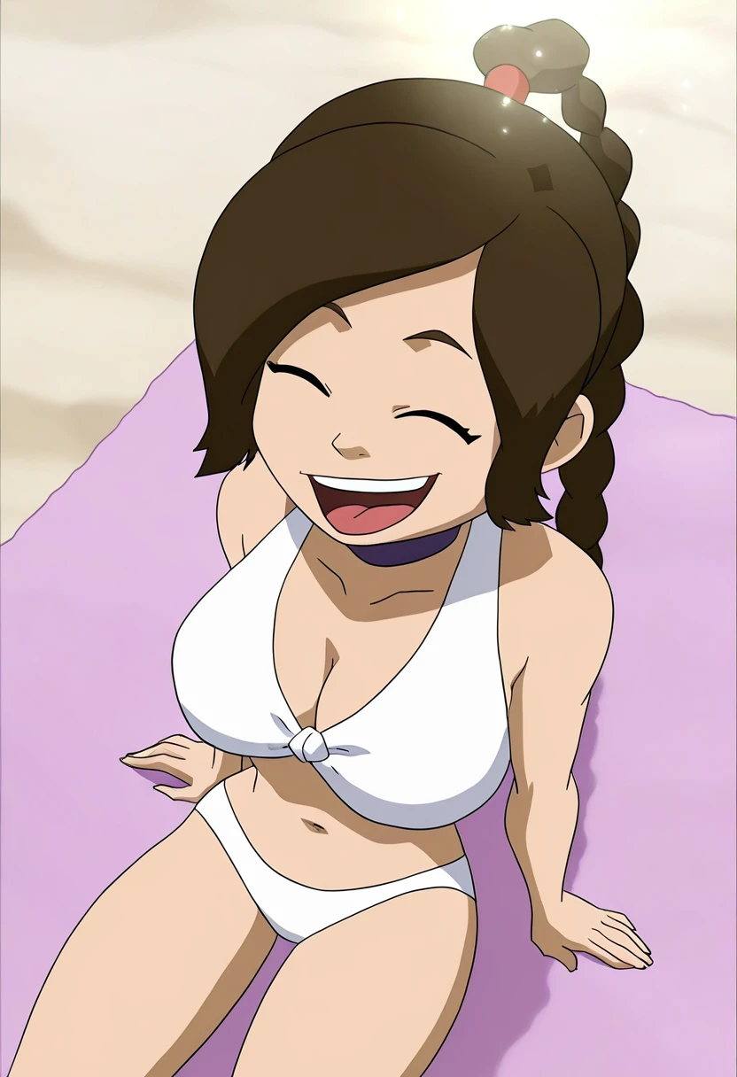 In the Avatar Animation style, overhead angle, cowboy shot, 1girl, Ty Lee, long hair, breasts, smile, open mouth, brown hair, navel, cleavage, big breasts, sitting laying down on a towel, swimsuit, closed eyes, ponytail, braid, bikini, outdoors, solo focus, choker, day, midriff, sparkle, white bikini,
<lora:Avatar-Anime-Style2:1>,