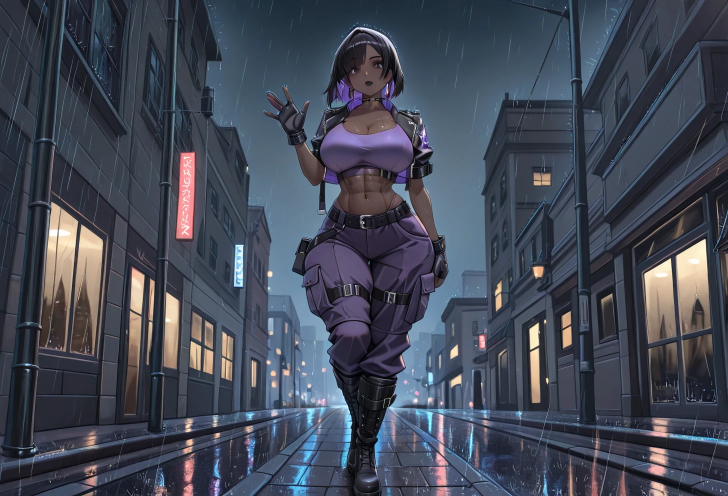 masterpiece, best quality, detailed face and eyes, (moika, ponytail, mohawk, hairclip, blue eyes), black high waist panties over purple pantyhose, midriff, <lora:moika:0.8>, walking down city street at night, (cyberpunk:1.2), open jacket, petite, covered navel, backpack, (small breasts)