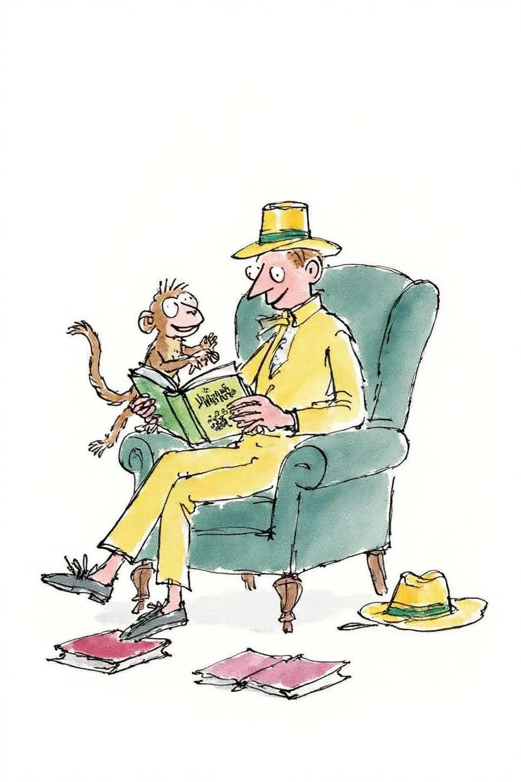 qub1 illustration.
A man sitting in a deep green, plush armchair with a high back and rounded arms. The man is dressed in a bright yellow outfit, including a yellow shirt with a high collar and matching pants, and a yellow hat with a wide brim. He is sitting comfortably, reading a book titled "Dinosaurs" to a small monkey perched on his lap. There are two books lying on the floor. A yellow hat is hanging off the sofa. <lora:qub1_cap_d6a3e12:1.0><lora:826975878450787453:0>