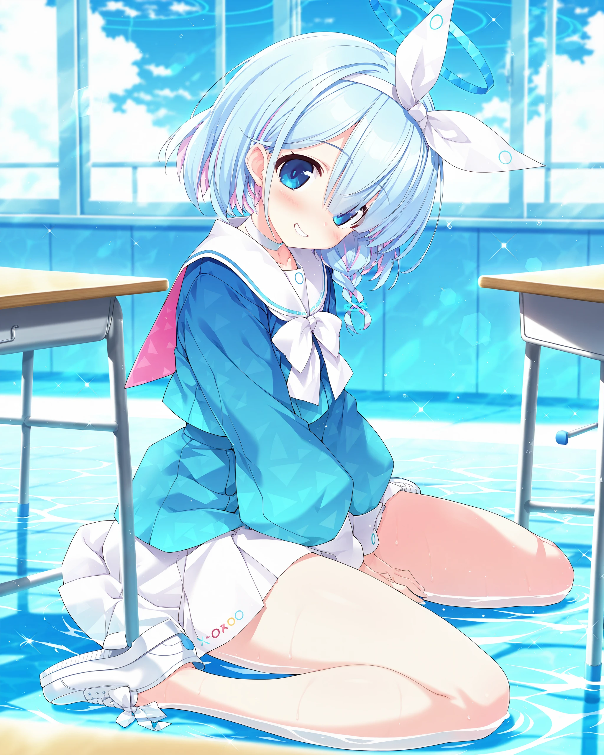 <lora:kuronoomikuzi_IL_1.1>,kuronoomikuzi,newest,masterpiece,best quality,very aesthetic,absurdres,highres,8k,(focus on female),arona \(blue archive\),1girl,blue hair,blue eyes,serafuku,full body,classroom,bare legs,blurry background,blue sky,water,looking at viewer,wariza,smirk,water,blue archive,