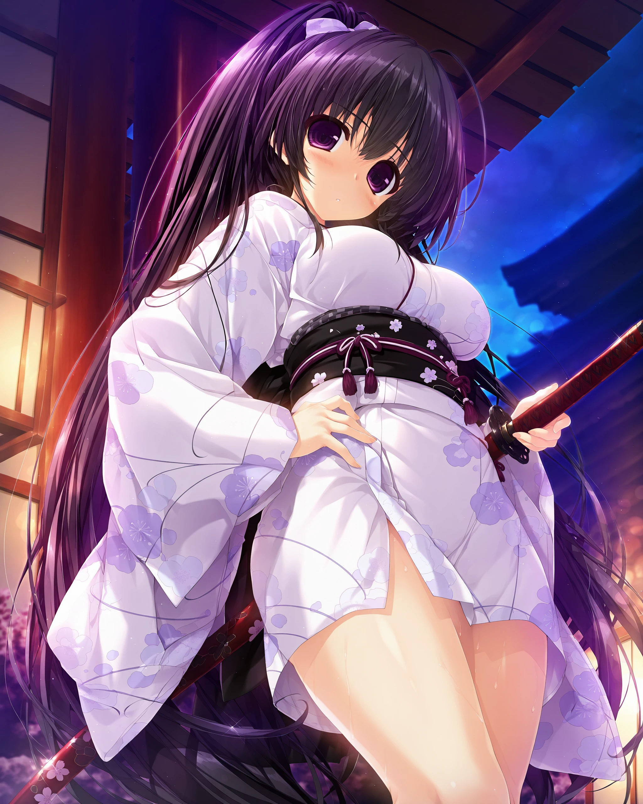 <lora:kuronoomikuzi_IL_1.1>,kuronoomikuzi,newest,masterpiece,best quality,very aesthetic,absurdres,highres,8k,1girl,purple eyes,black hair,high ponytail,long hair,hair flowing over,medium breasts,night,looking at viewer,blurry background,short_kimono,katana,from below,