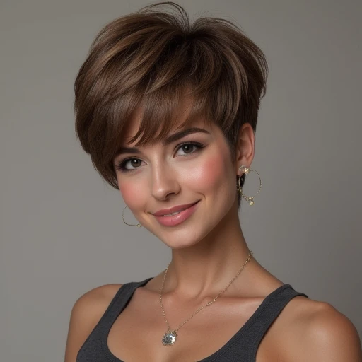 a tall woman with an athletic body. she has a pixie haircut with a lot of hair volume. amazing hair texture. gorgeous perfect smile, tiny waist. shiny perfect texture