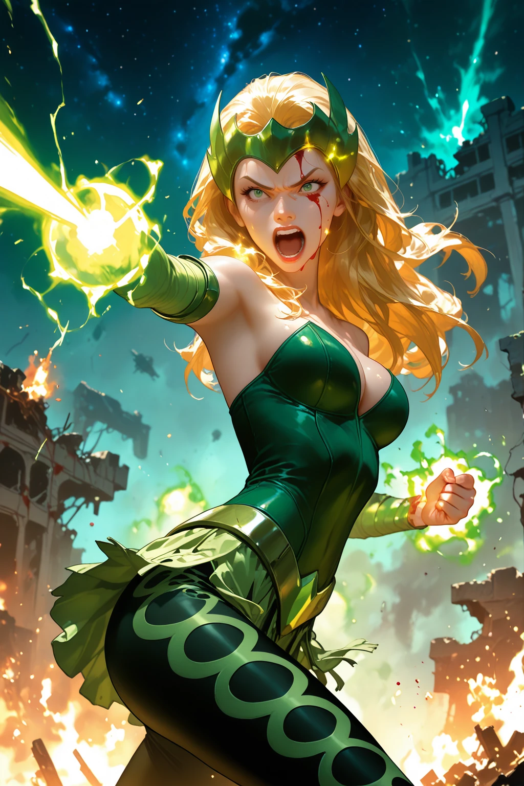 masterpiece, good quality, best quality, very awa, very as2, absurdres, highres, cowboy shot
<lora:Amora the enchantressilluLoRA:1>amoenchtress, long hair, headpiece, elbow gloves, bustier, bare shoulders, cleavage, belt, skirt, leggings, boots, magic, fire, electricity, glowing, aura, fighting stance, angry, open mouth, blood on face, ruins, space, stars, miky way, firing green energy beam, outstreched arm
