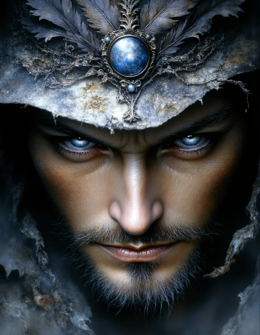 Ethereal Gothic Elegance, The image is a close-up portrait of a man's face. The man has a beard and mustache and is wearing a hat with a feather on top. The hat is made of metal and has a blue stone in the center. The feather is intricately detailed and appears to be made of feathers. The background is dark and the man's expression is serious and intense. The overall mood of the image is dark mysterious and powerful., 1boy, solo, facial hair, beard, male focus, blue eyes, hat, portrait, looking at viewer, closed mouth