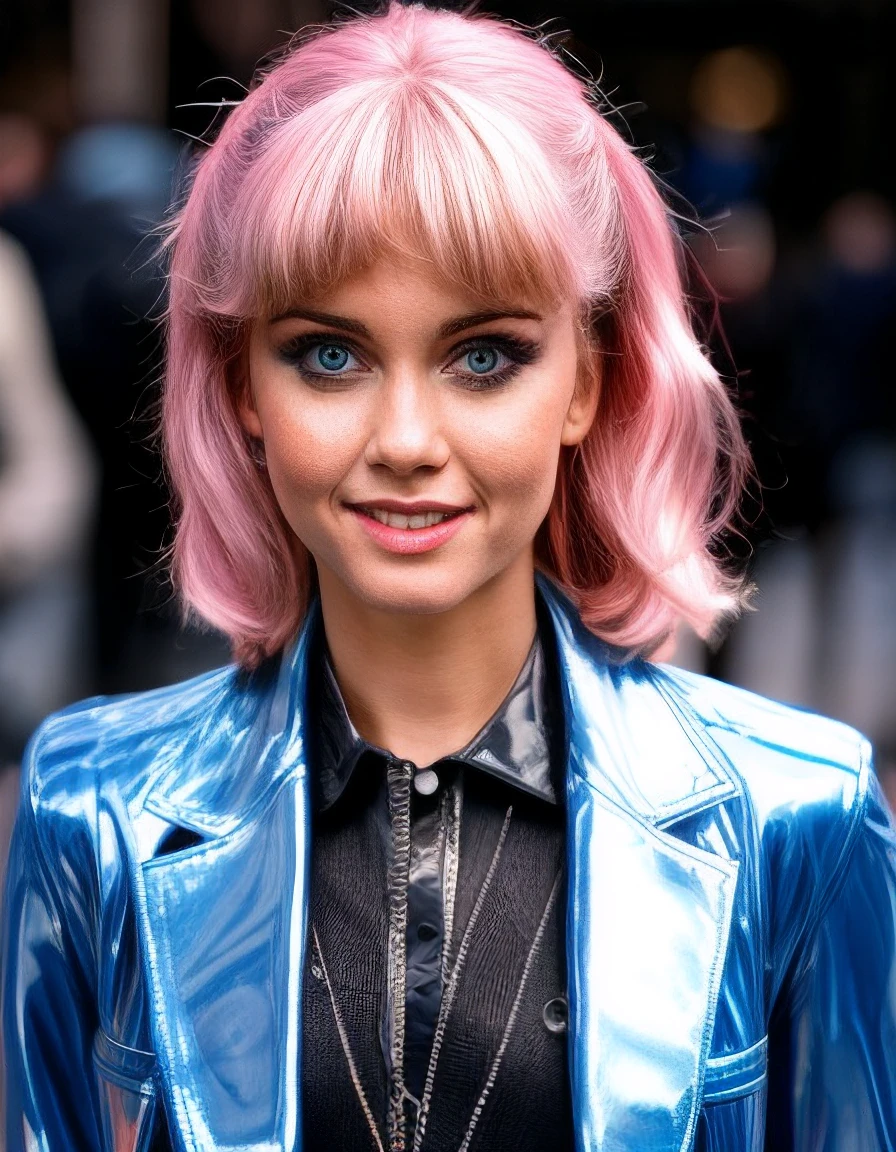  onjohn, face focus, pink lips, looking at viewer, skin details, shiny blue latex jacket, necklace
