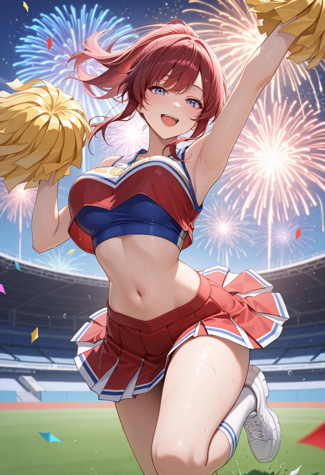 masterpiece, best quality, ultra detailed, very aesthetic, absurdres, newest, shaded, digital media \(artwork\), solo, 1girl, navel, cheerleader, pom pom \(clothes\), pom pom \(cheerleading\), crop top, smile, open mouth, airborne, jumping, outdoors, stadium, confetti, fireworks