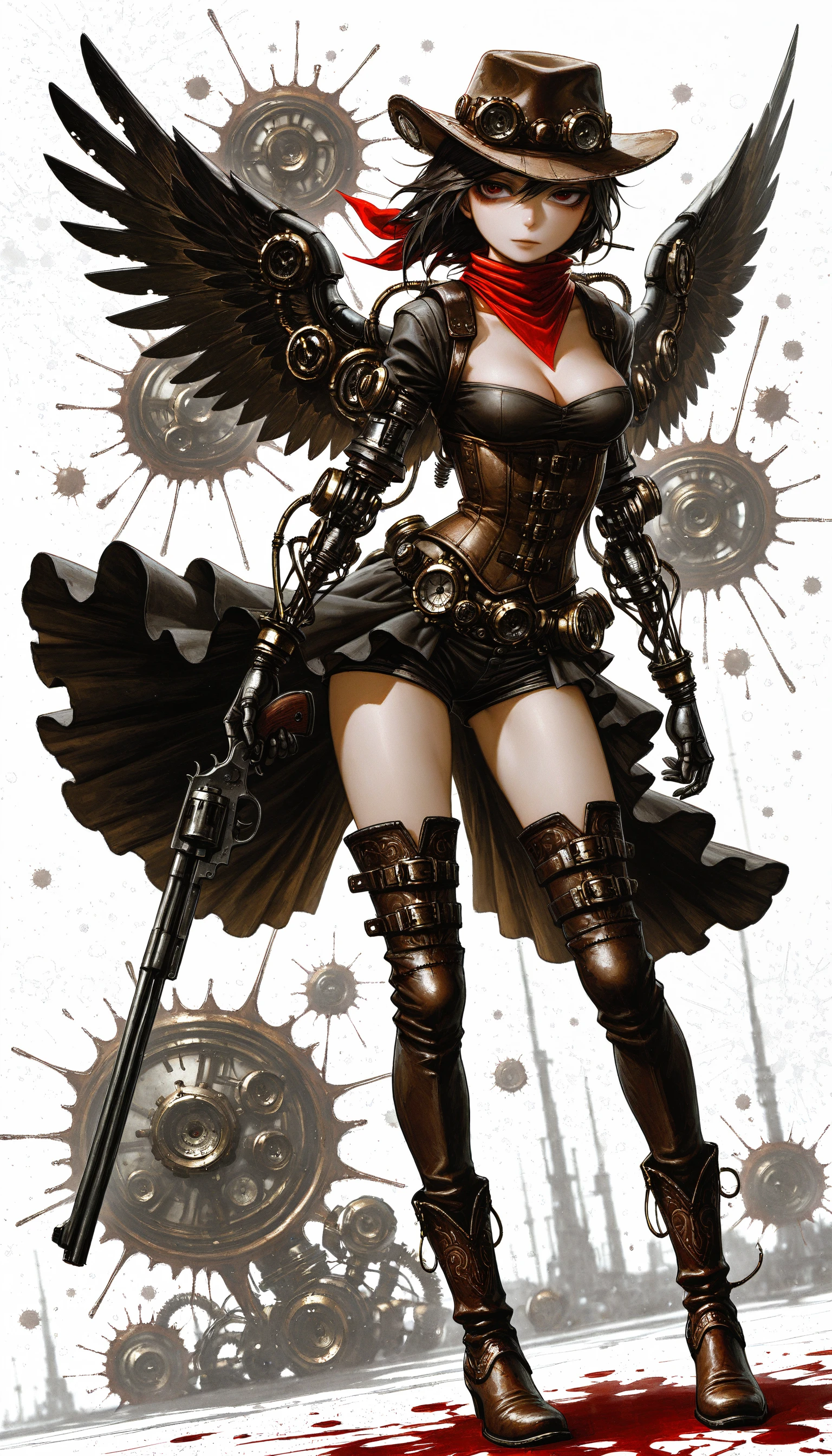 (AGM-Illu, best quality, abstract, steampunk, science_fiction, photoshop_(medium), original, traditional_media, ink_splatter, blood_splatter, splatter_background, bokeh, HDR, contrapposto, dutch angle, depth of field)
((touhou kurokoma_saki 1girl portrait bandana black_wings boots breasts brown_hat cleavage holding revolver outdoors desert cowboy_western mechanical_parts corset cowboy_boots cactus cowboy_hat hat large_breastsopen overskirt solo steampunk thigh_boots white_bandana mechanical_wings))