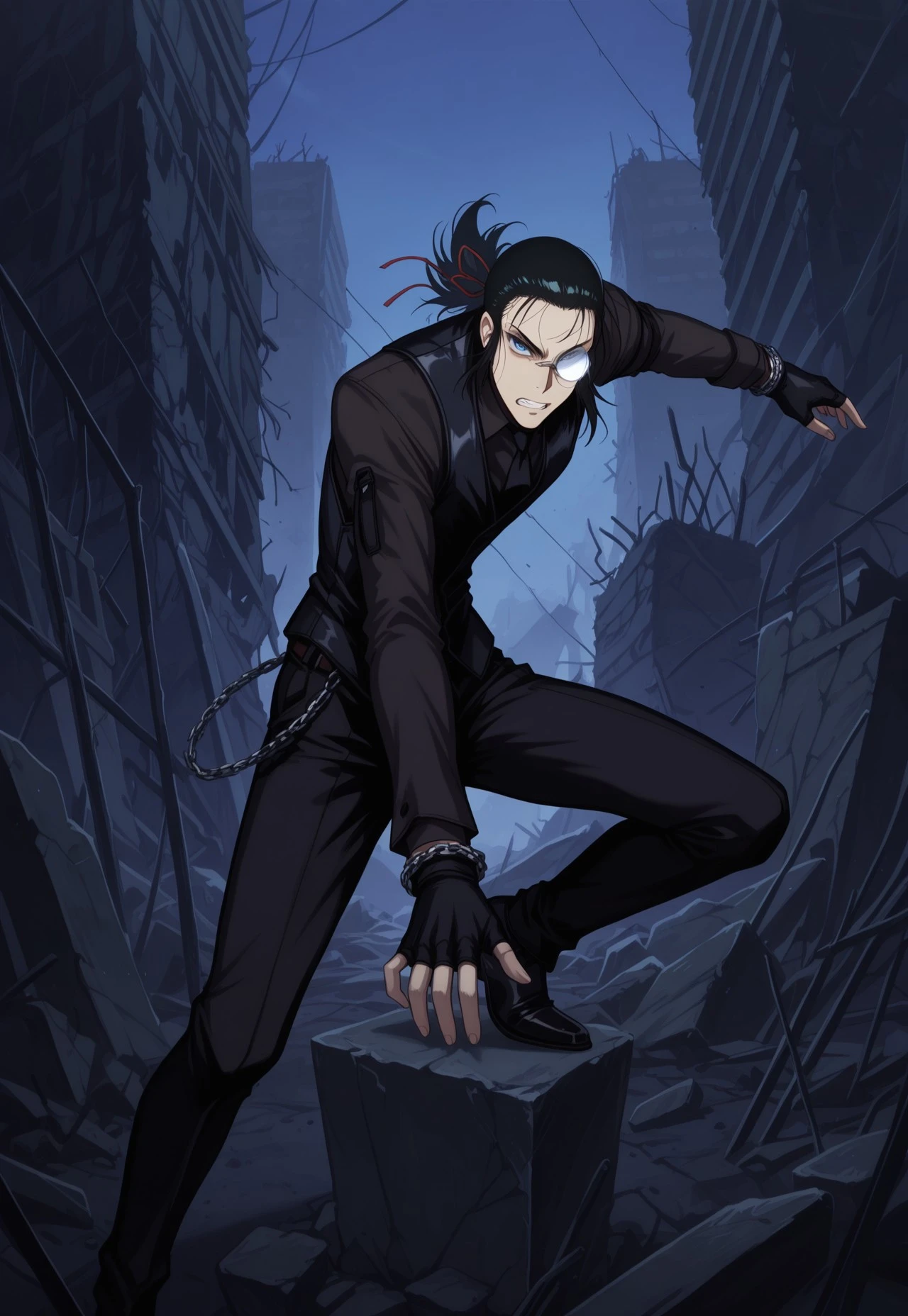 safe_pos, score_9, score_8_up, score_7_up, masterpiece, best quality, amazing quality, DarkWalter, solo, 1boy, male, black hair, ponytail, hair pulled back, hair ribbon, blue eyes, monocle, round eyewear, black shirt, black vest, black necktie, black gloves, fingerless gloves, chain bracelet, black pants, belt chain, black shoes, looking at viewer, angry, clenching teeth, garrote, string, ruins, dark, night