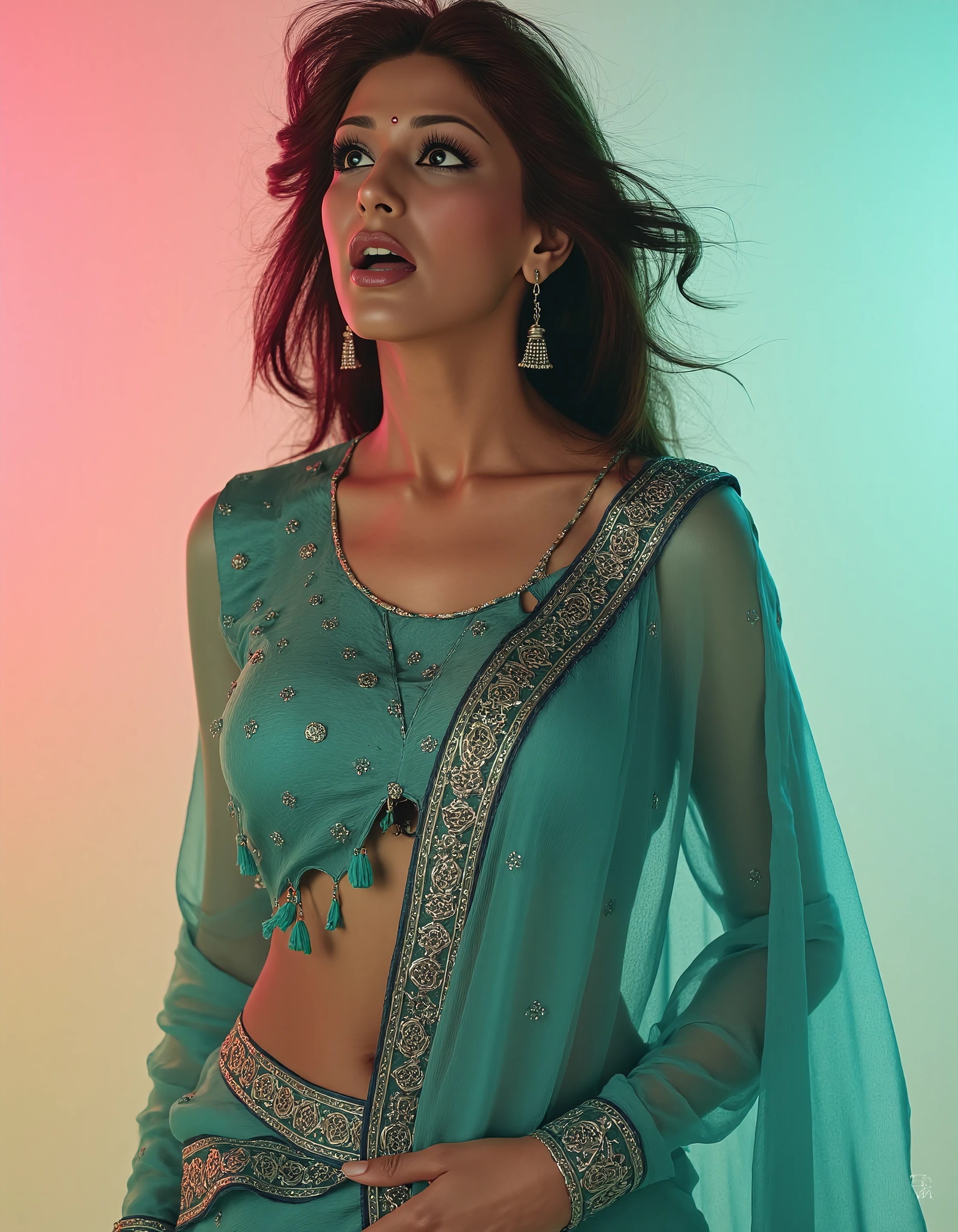 full body photo of Sonali Bendre woman, thin waist with hourglass figure, hyper realistic candid photo, shouting,studio quality, wearing intricate conservative long sleeved Teal Banarasi Silk Saree, messy hair, pastel shaded multicolored background, cinematic lighting, <lora:Sonali_Bendre_Flux_Kohya_V1:1>âââ