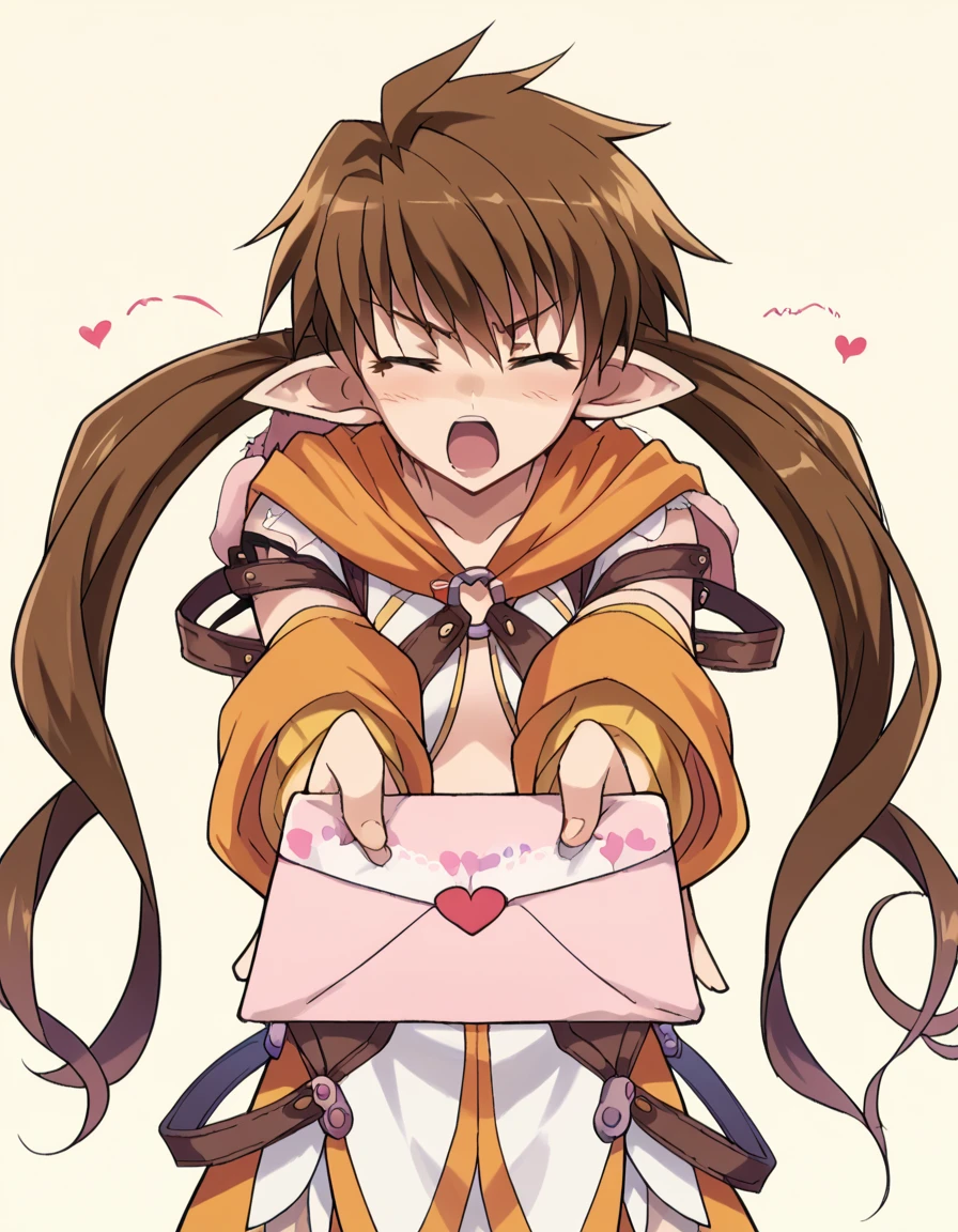 score_9, score_8_up, score_7_up, source_anime, <lora:queens-blade-nowa-s1-ponyxl-lora-nochekaiser:1>, nowa, long hair, bangs, brown hair, twintails, brown eyes, very long hair, yellow eyes, mature female, small breasts, pointy ears, elf, anime screencap, <lora:love-letter-ponyxl-lora-nochekaiser:1>, love letter, heart, valentine, letter, confession, incoming gift, outstretched arms, closed eyes, shouting,, , cowboy shot, solo