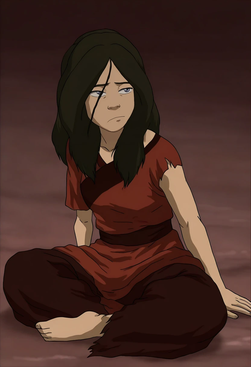 In the Avatar Animation style, 1girl, Young Hama, solo, long hair, black hair, sitting, barefoot, torn clothes, arrogant,
<lora:Avatar-Anime-Style2:1>,