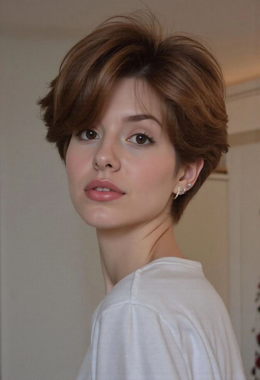 a tall Russian woman with an athletic body. mega hair volume. she has a pixie haircut with a lot of hair volume. amazing hair texture. gorgeous perfect smile, tiny waist. shiny perfect texture