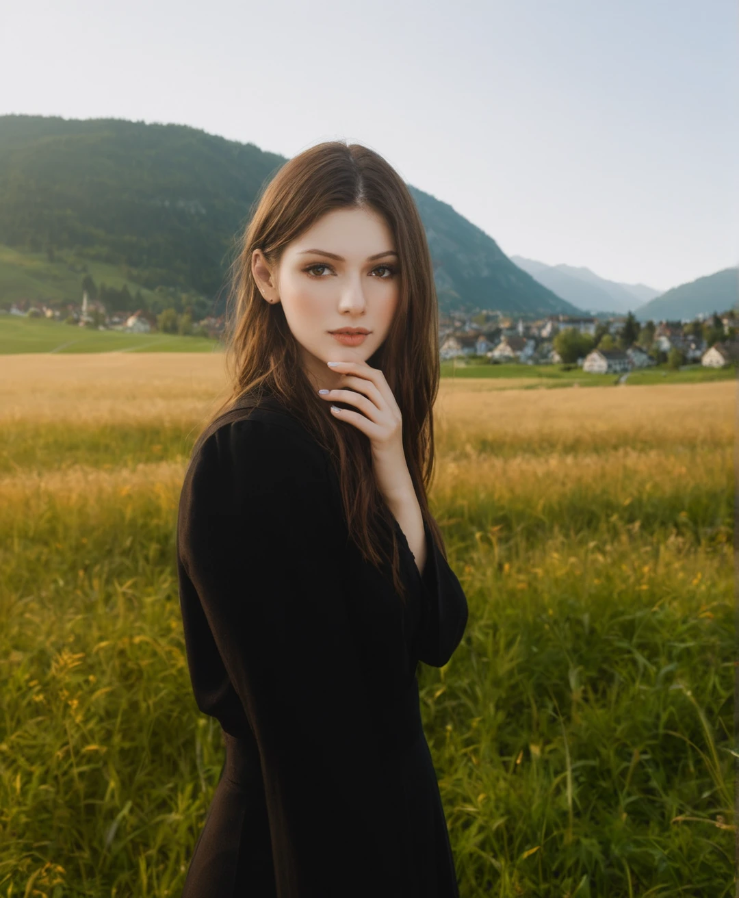Leica City Style, Alexandra Daddario standing at Meadow Grassland at Switzerland valley, Nature photography <lora:Leica_q2_Style:1>