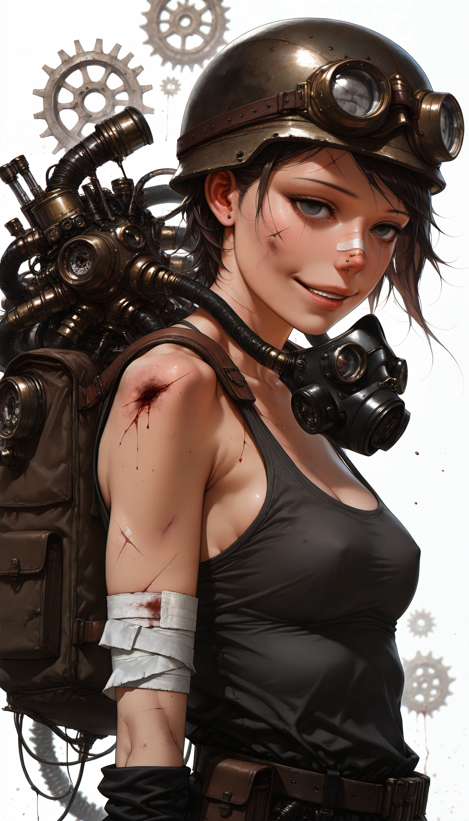 (AGM-Illu, mythp0rt, best quality, abstract, steampunk, abstract_background, surreal, science_fiction, photoshop_(medium), original, horror_(theme), traditional_media, ink_splatter, blood_splatter, splatter_background, chiaroscuro, blurry, bokeh, best quality, absurdres, HDR, contrapposto, absurdres, newest, vignetting, dutch angle, depth of field, soft luminescent glow)
((1girl, solo, breasts, looking_at_viewer, smile, short_hair, open_mouth, brown_hair, simple_background, black_hair, photoshop_(medium), gloves, original, brown_eyes, medium_breasts, weapon, upper_body, parted_lips, teeth, belt, armor, bag, black_eyes, lips, gun, grey_eyes, blood, mask, traditional_media, bandages, scar, helmet, backpack, tank_top, goggles, bandaid, machinery, empty_eyes, science_fiction, injury, realistic, nose, mecha_musume, graphite_(medium), cable, mask_on_head, shoulder_pads, white_eyes, cyborg, broken, dirty, gears, damaged, bandaid_on_nose, gas_mask, scratches, cyberpunk, mechanical_parts, nose_piercing, tube))