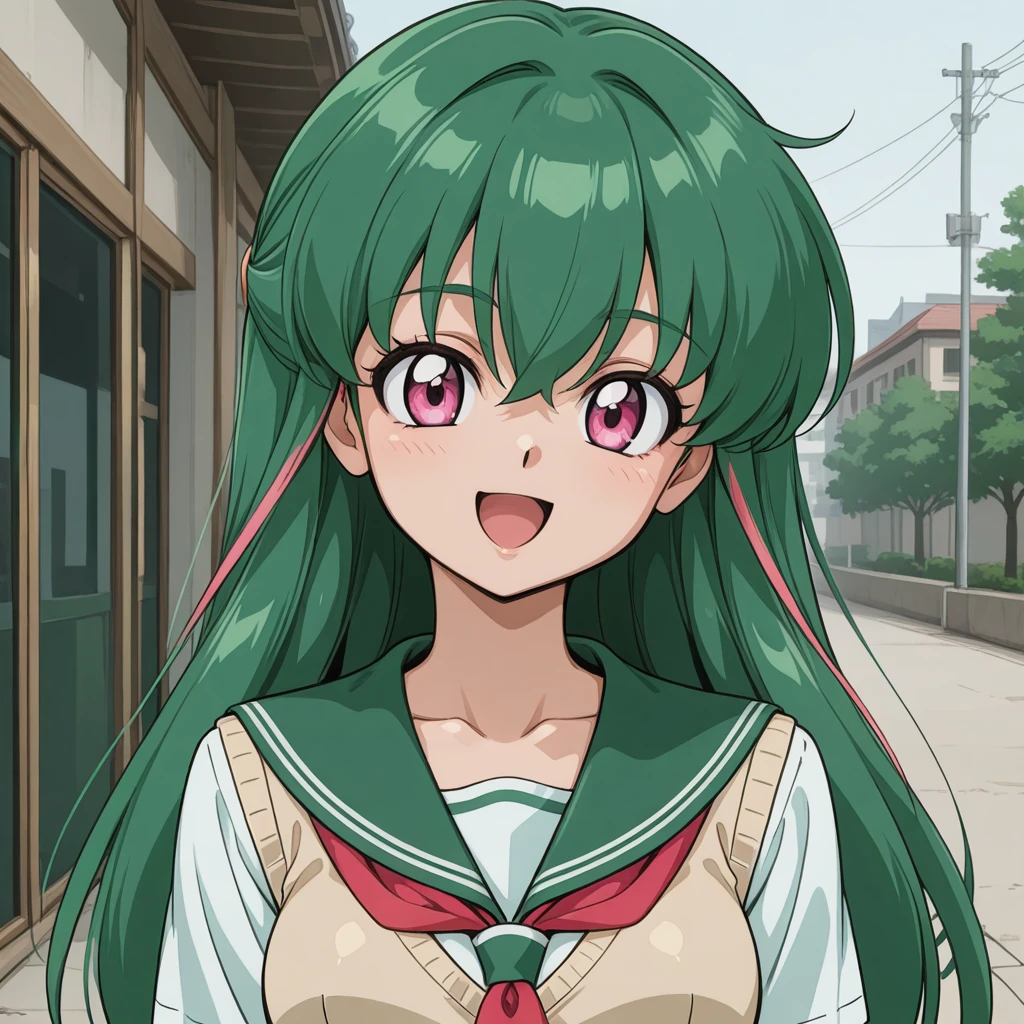 Anime girl with green hair and pink eyes in a school uniform - SeaArt AI