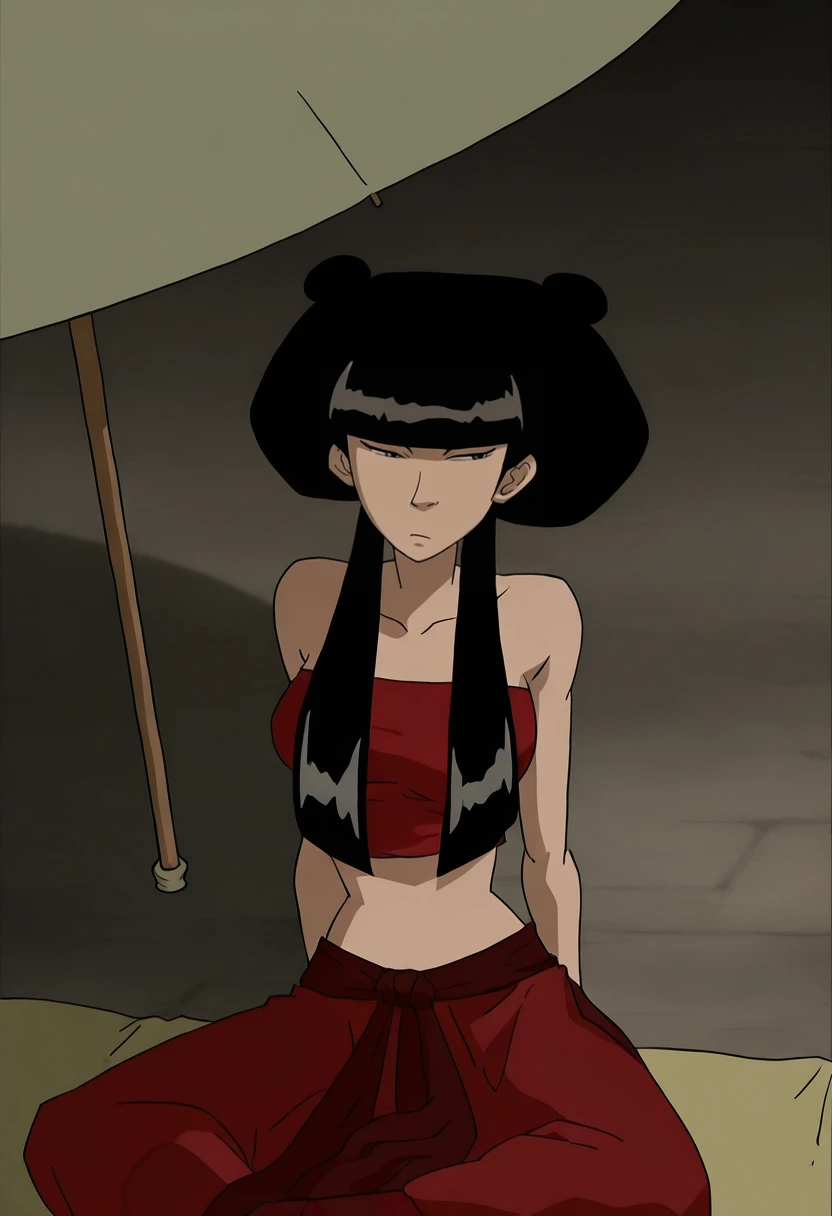 In the Avatar Animation style, 1girl, Mai,solo, long hair, bangs, black hair, bare shoulders, twintails, sitting, midriff, blunt bangs, hair bun, strapless, double bun, umbrella, bandeau, tube top
<lora:Avatar-Anime-Style2:1>,
